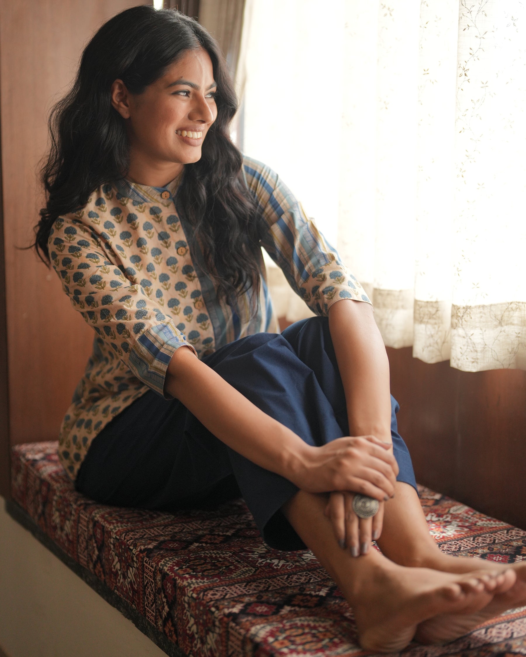 Half N Half Blue Cotton Shirt