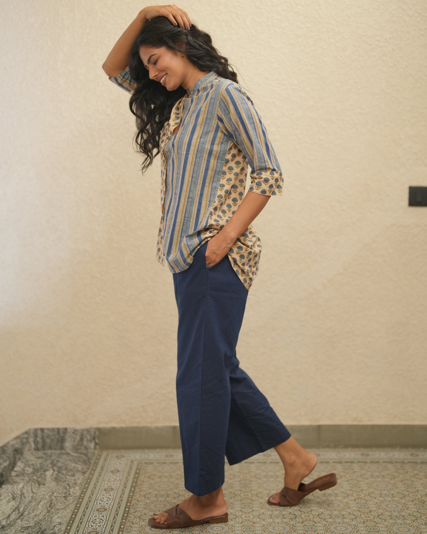 Half N Half Blue Cotton Shirt