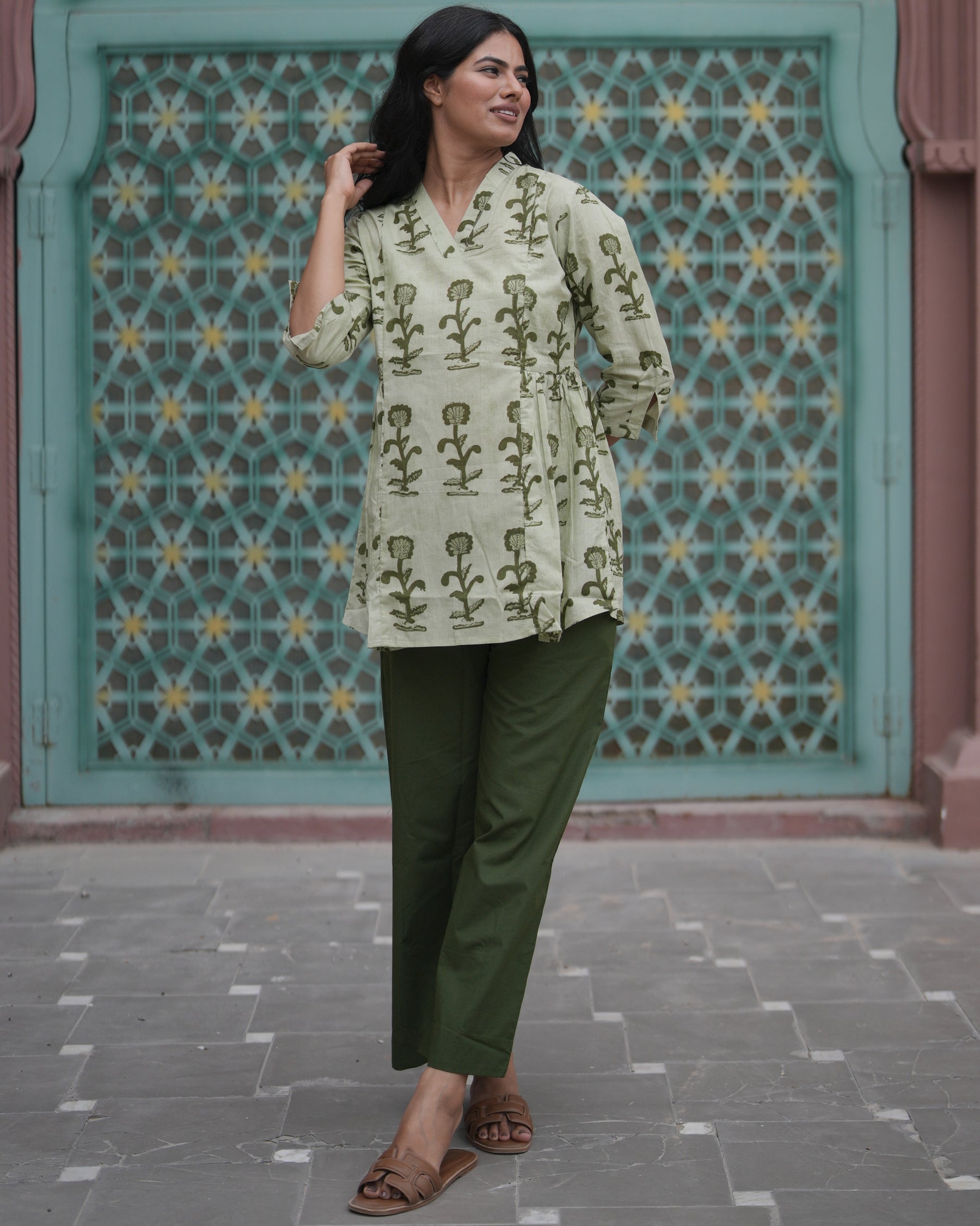 Green Butta Print Cotton Top