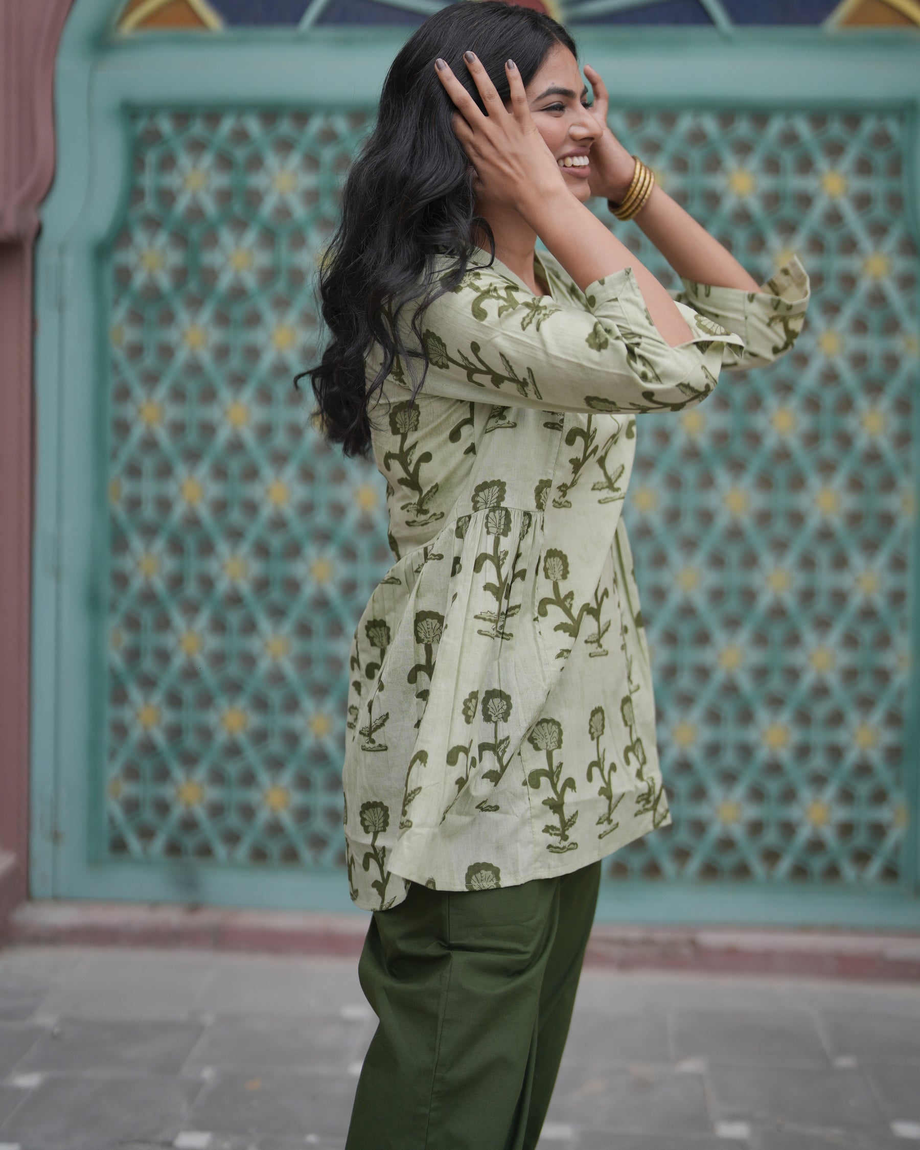 Green Butta Print Cotton Top