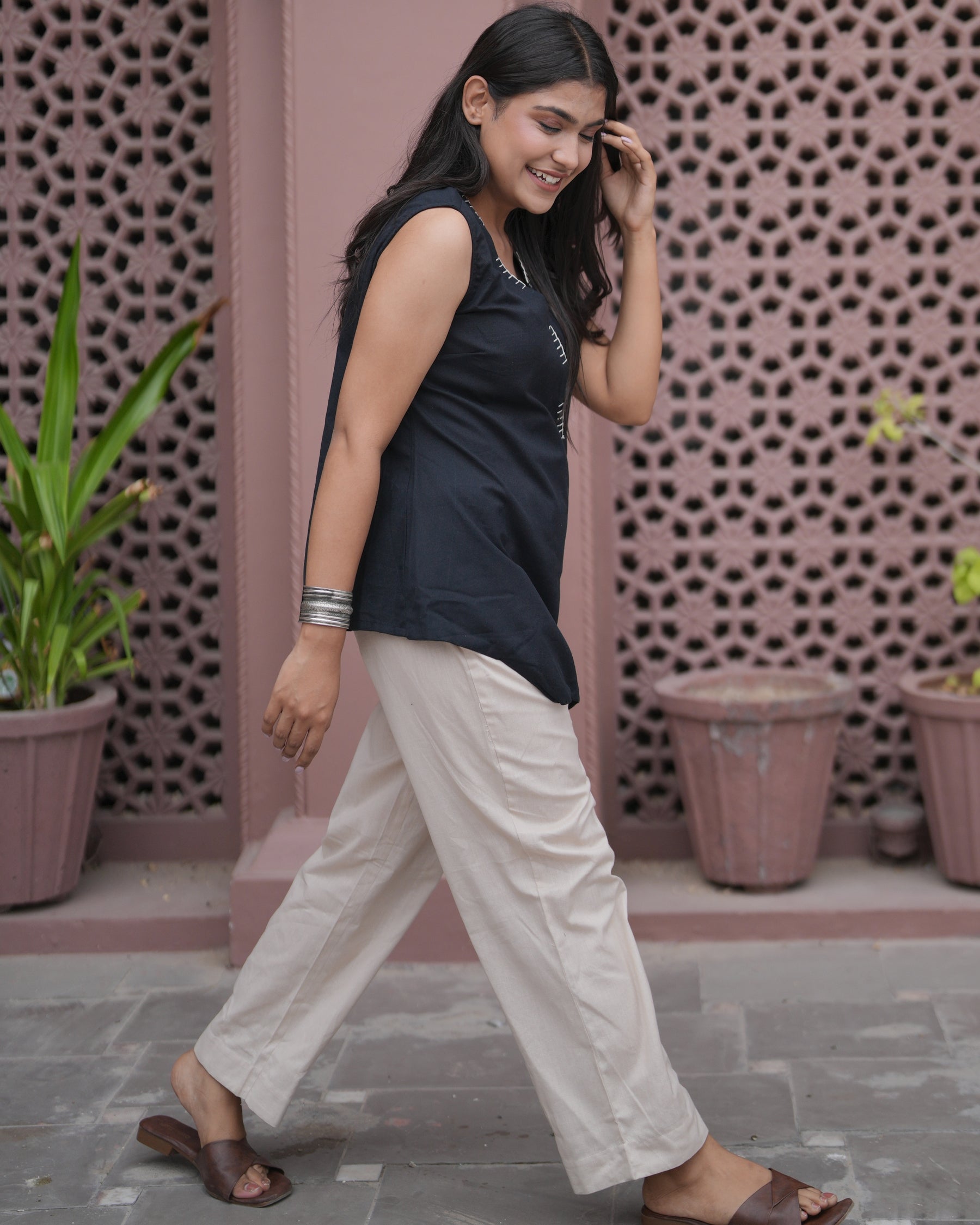 Black Sleeveless Asymmetric Cotton Top With Pants