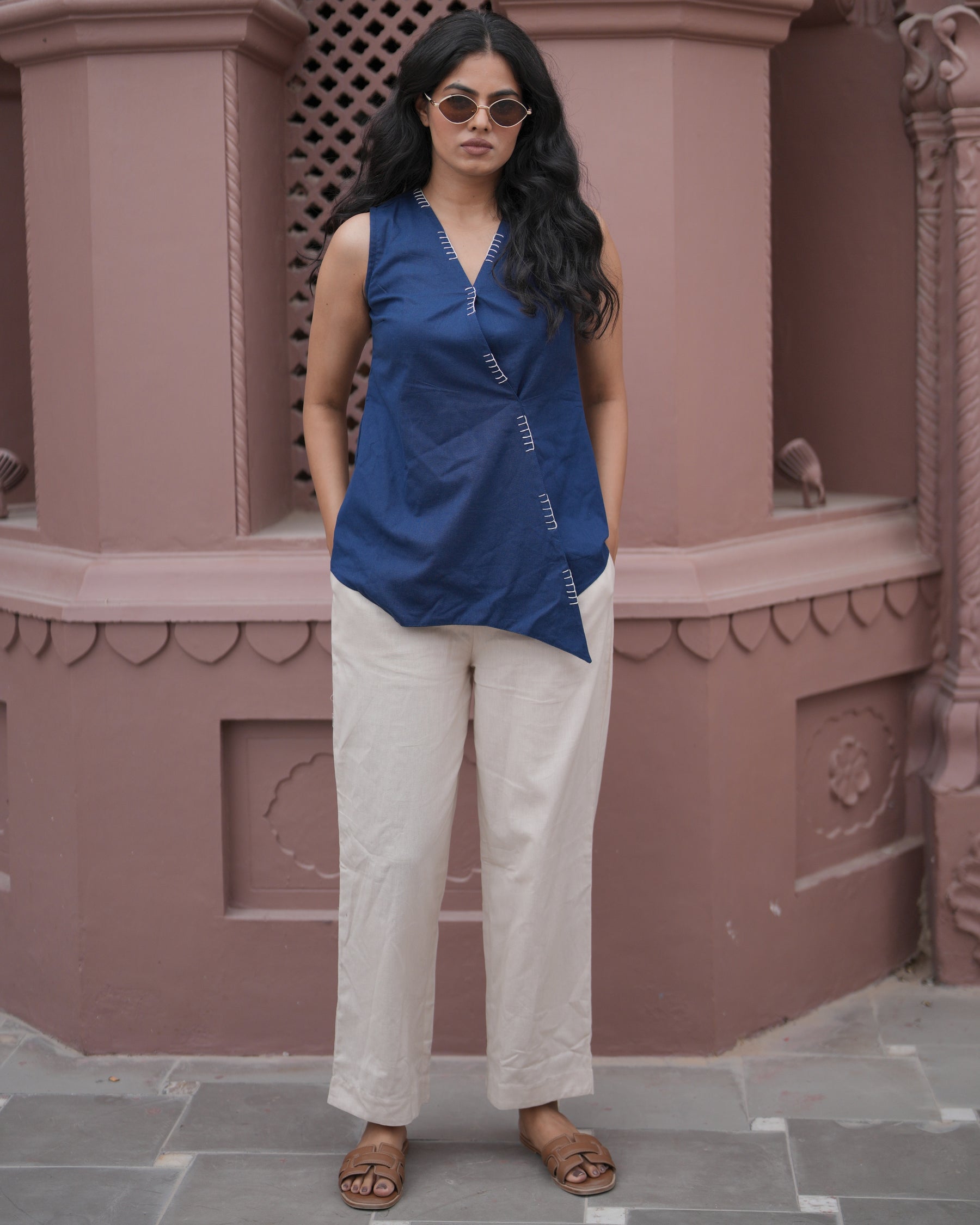 Blue Sleeveless Asymmetric Cotton Top With Pants