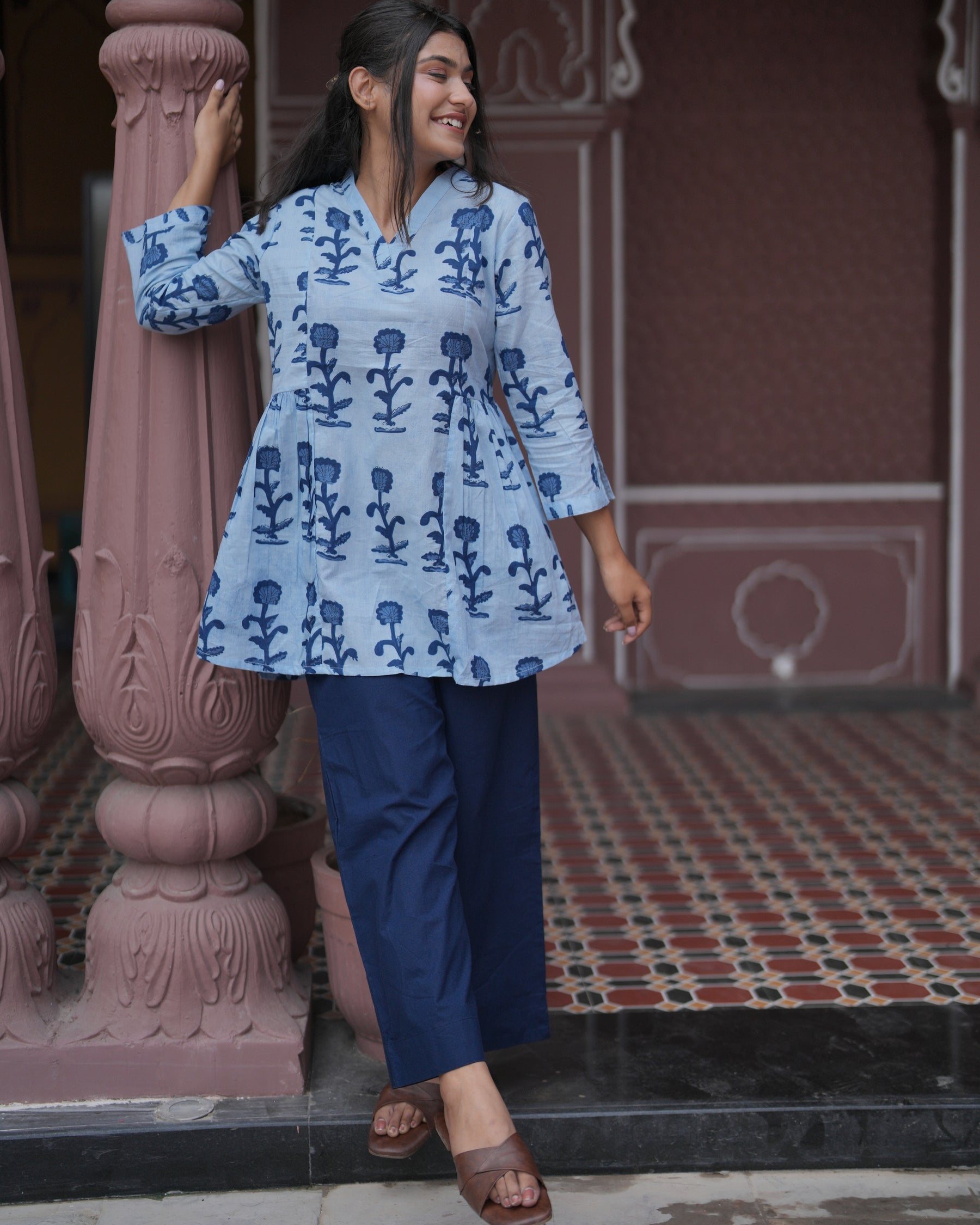 Blue Block Print Flare Top