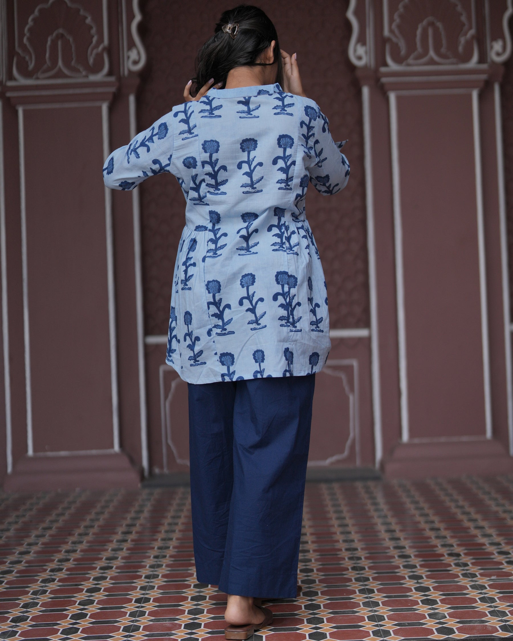 Blue Block Print Flare Top