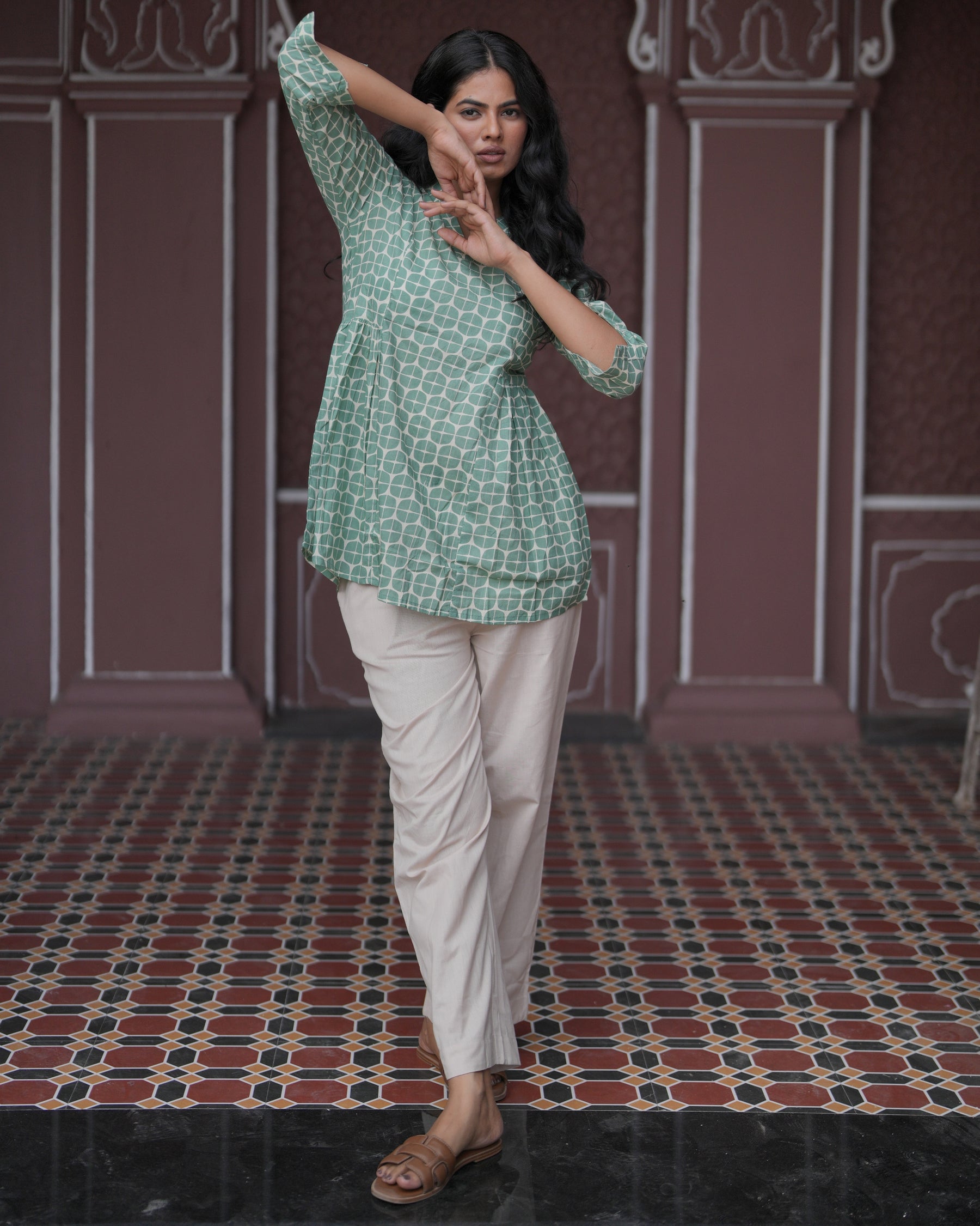 Green Cotton Geometric Print Top