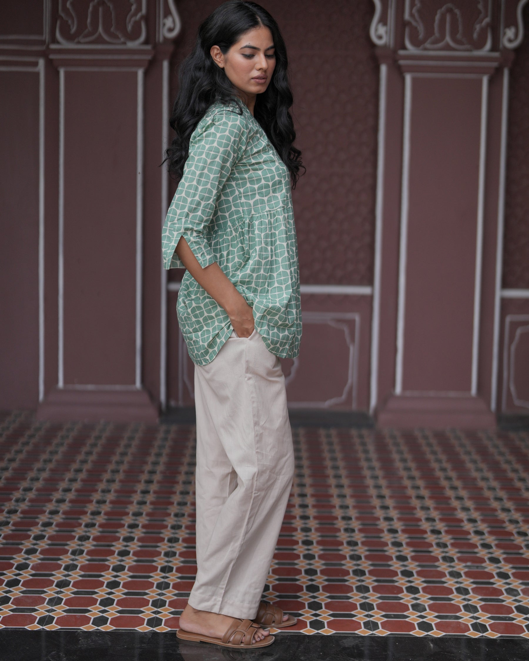 Green Cotton Geometric Print Top