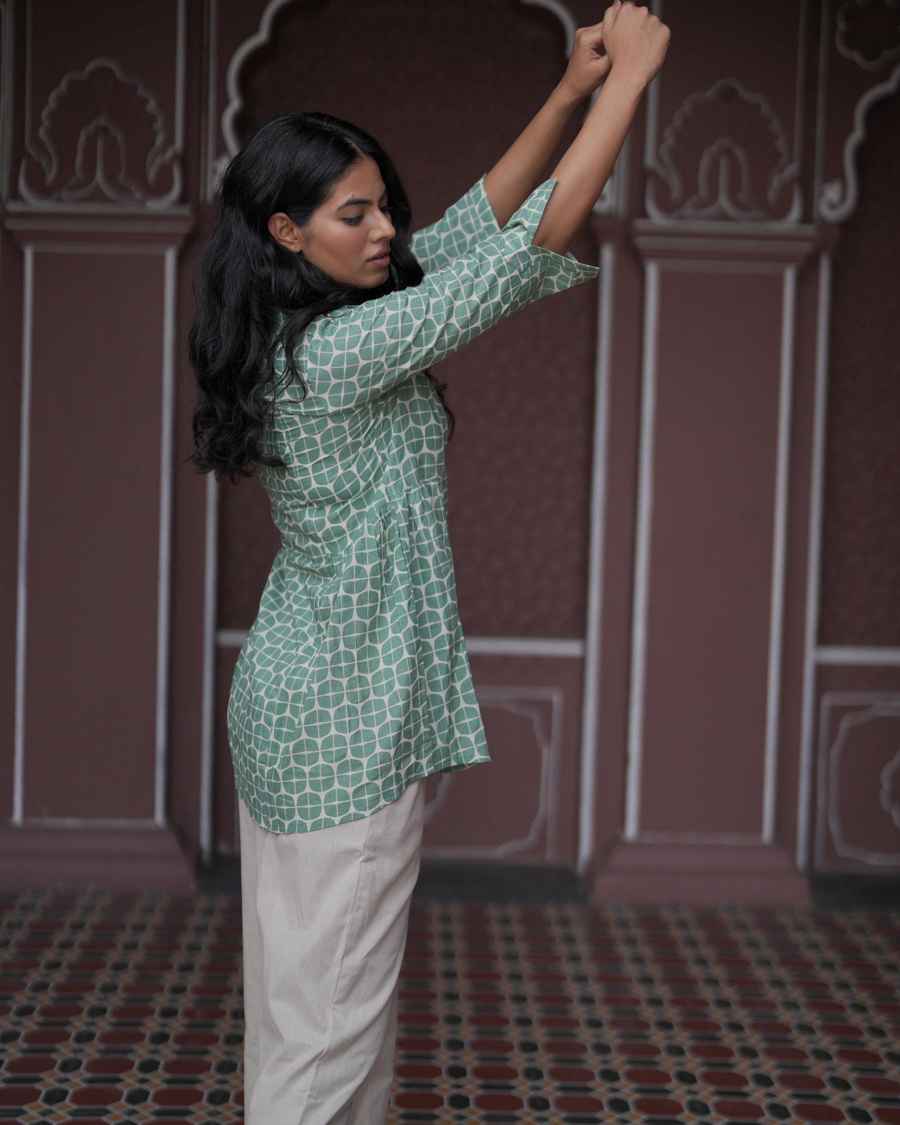 Green Cotton Geometric Print Top