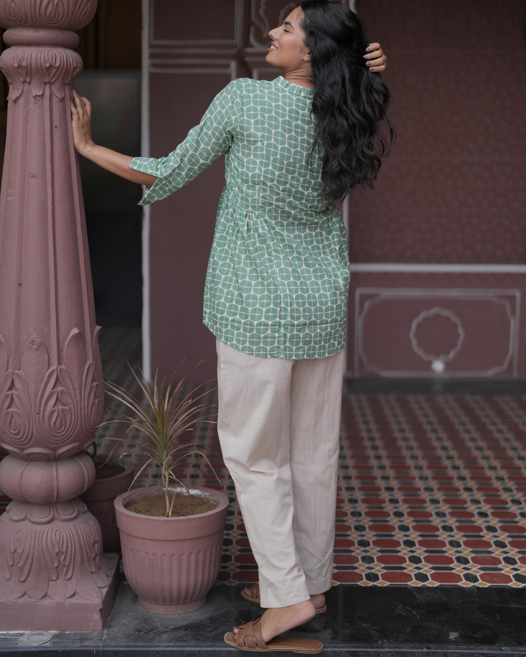 Green Cotton Geometric Print Top