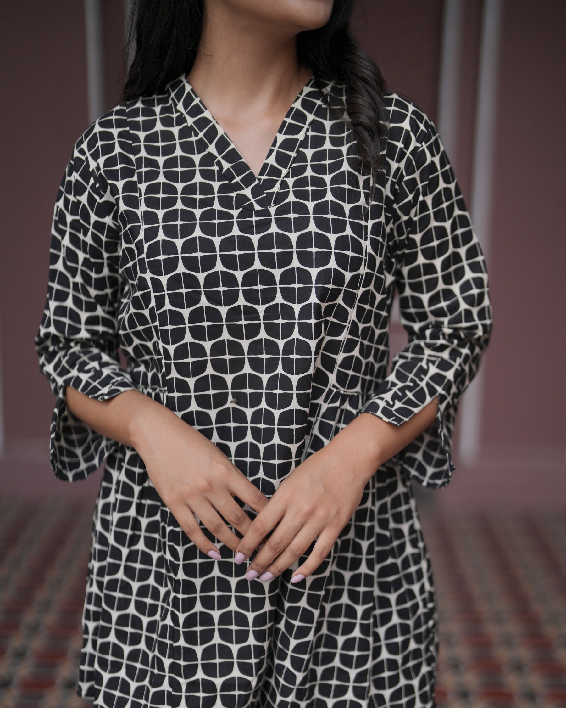 Black Cotton Flare Print Top