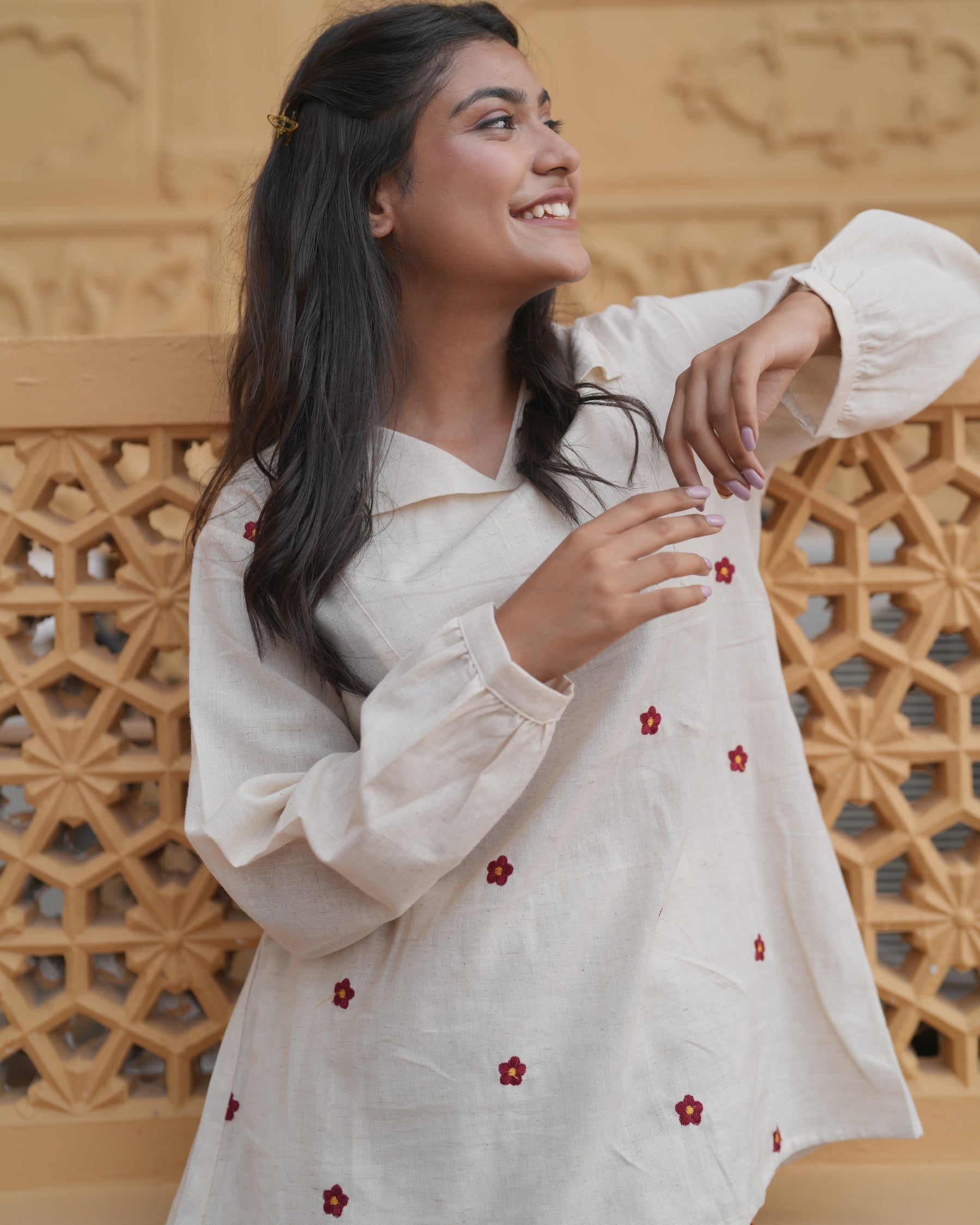 White cotton flex co-ord set with red floral embroidery
