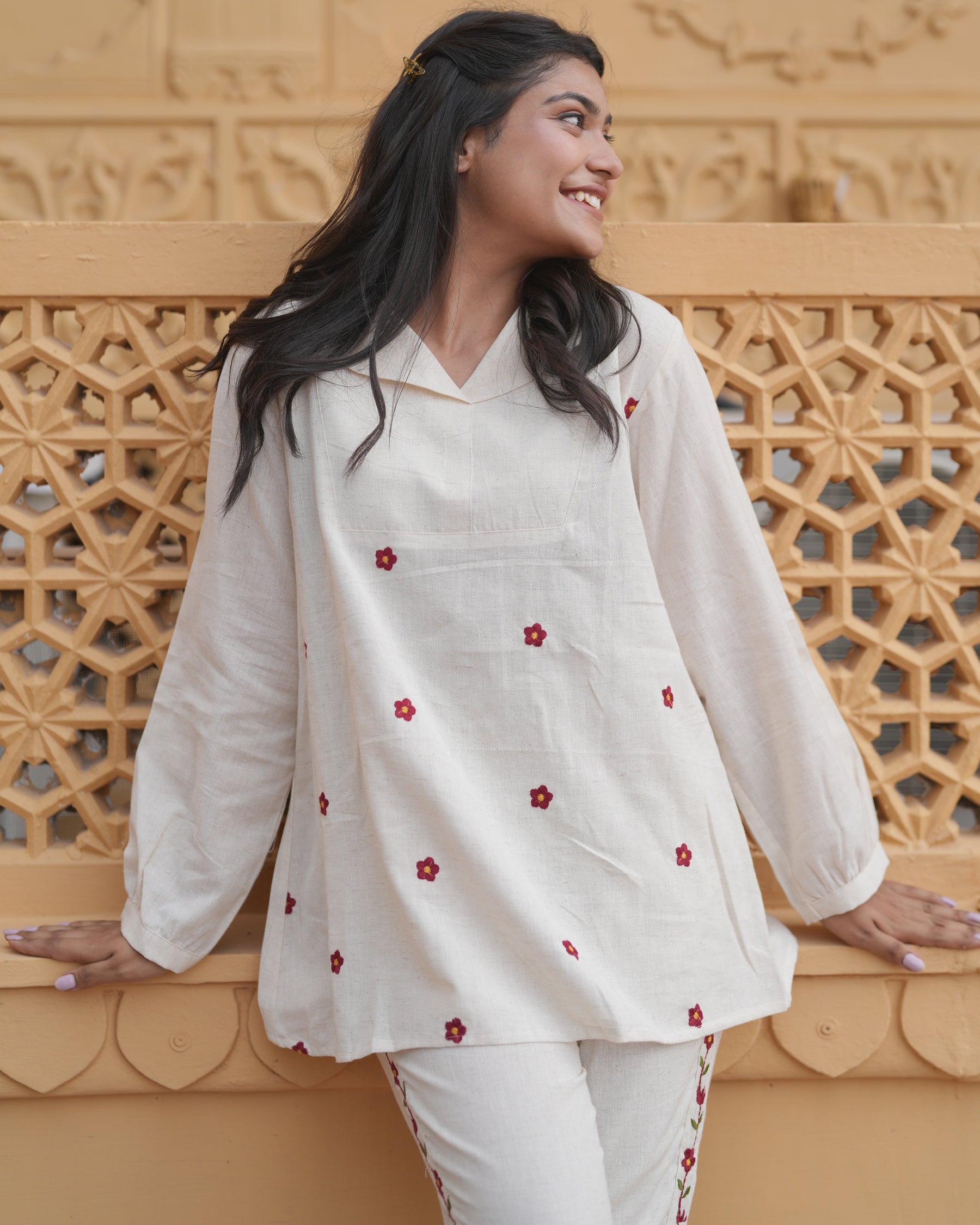 White cotton flex co-ord set with red floral embroidery
