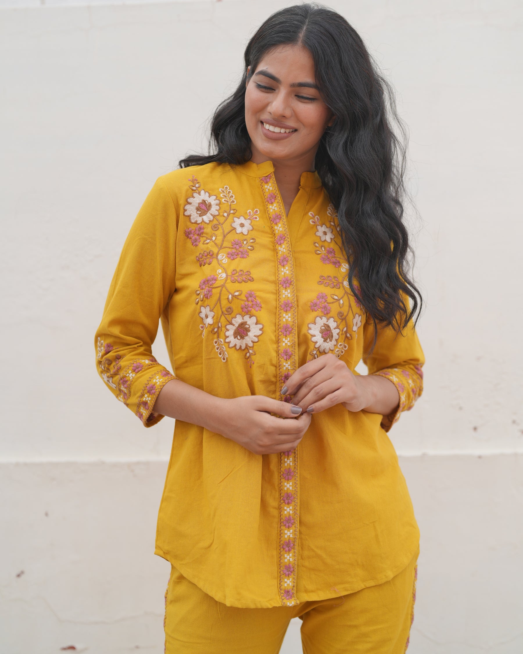 Mustard cotton flex thread embroidered co-ord set