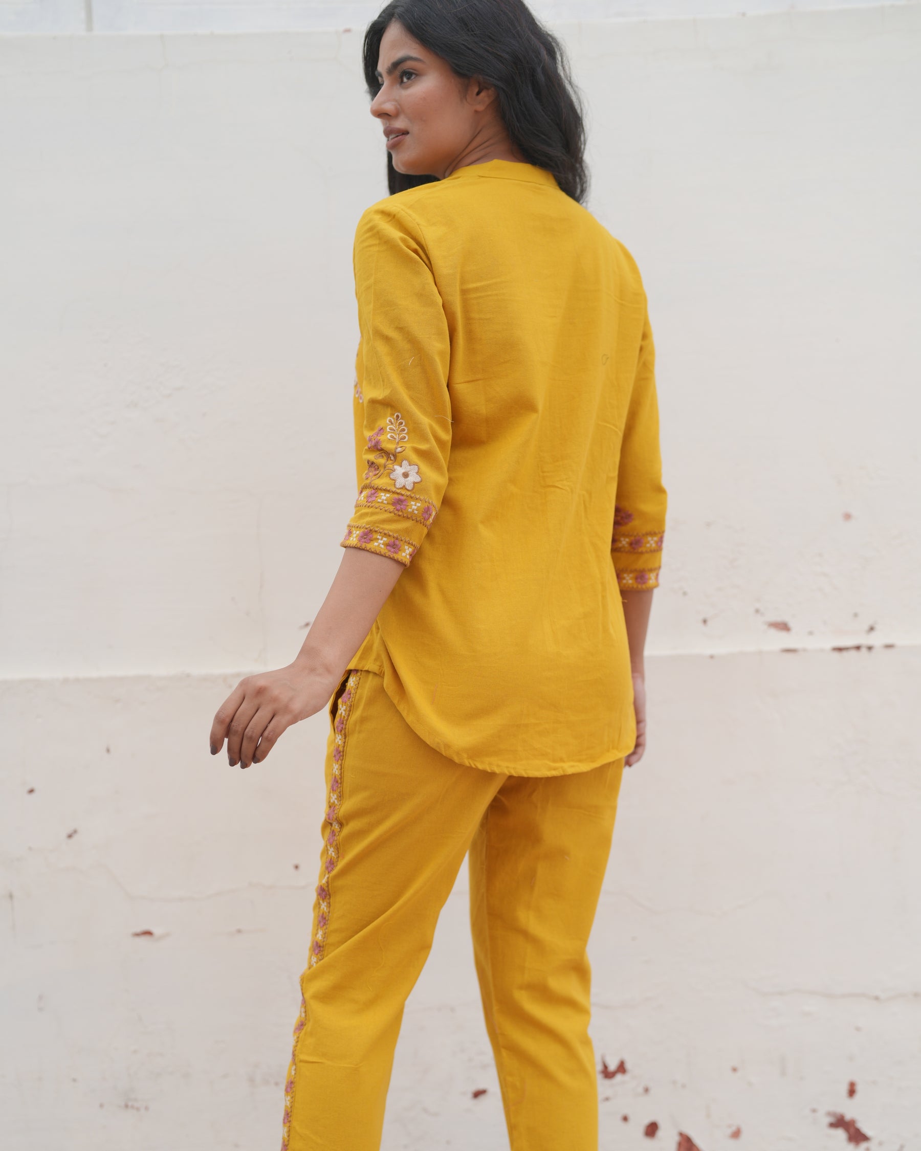 Mustard cotton flex thread embroidered co-ord set