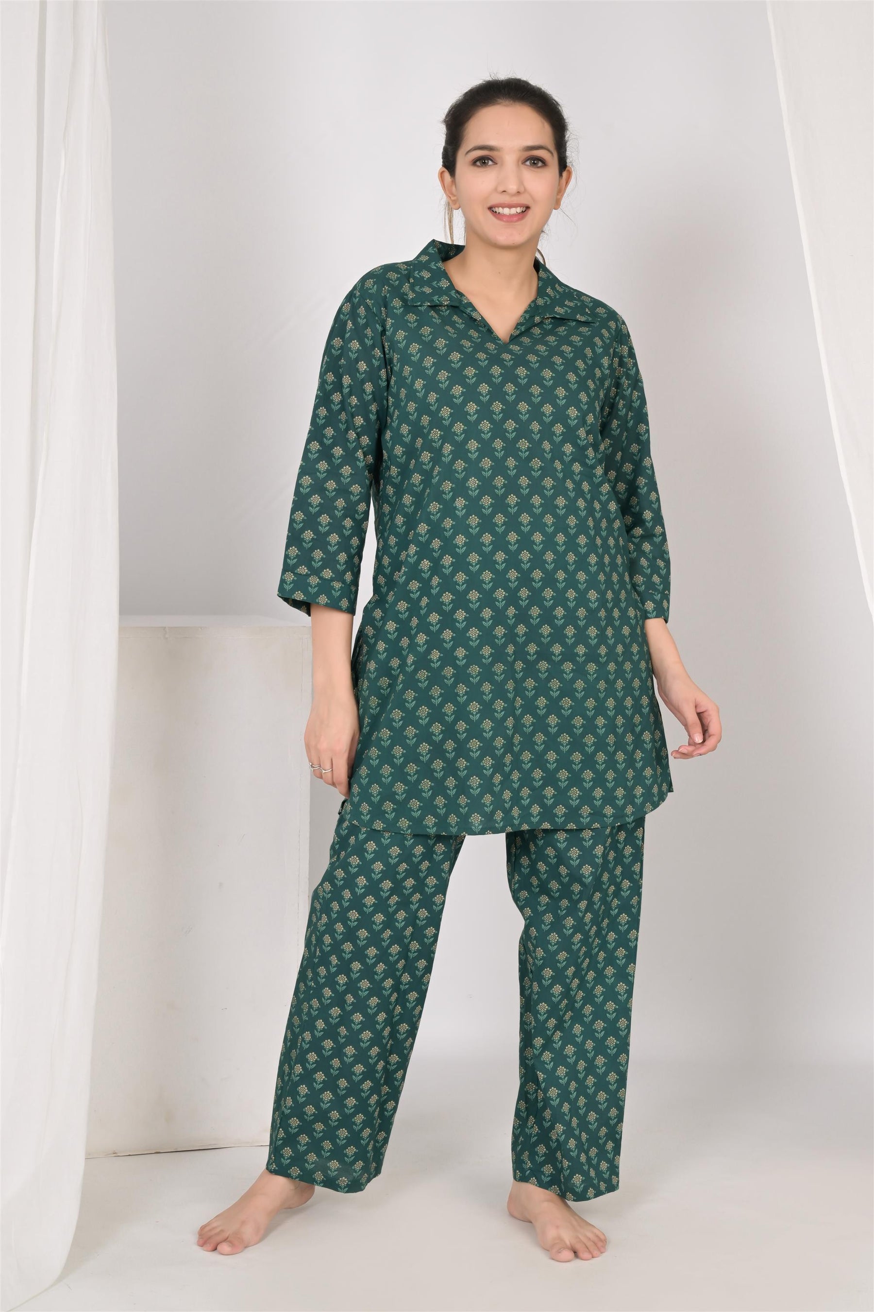 Green Printed Cotton Night Suit