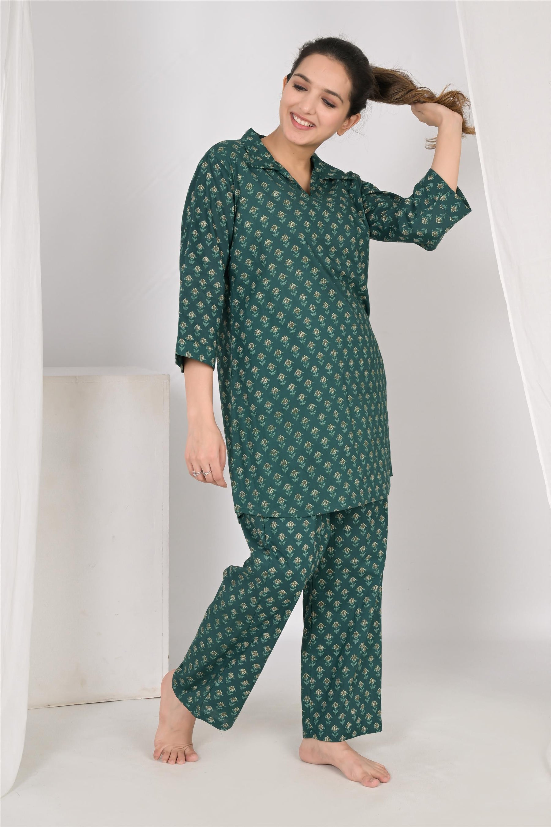 Green Printed Cotton Night Suit