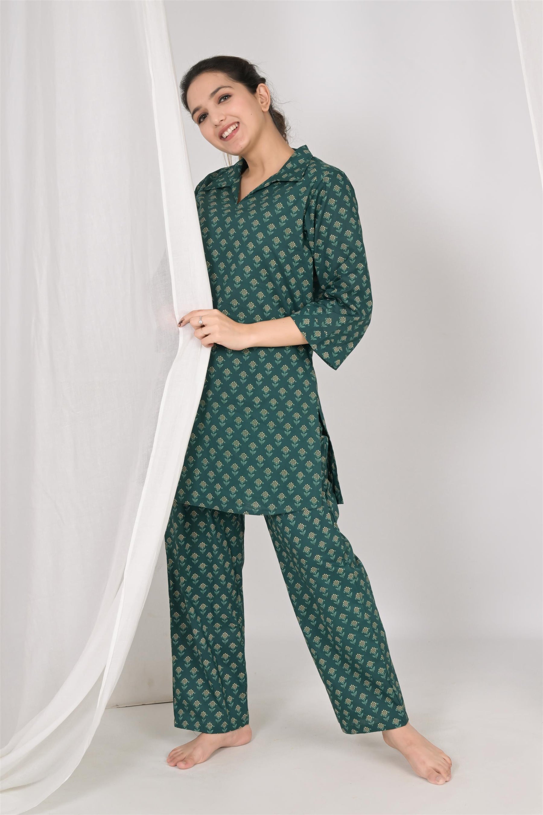 Green Printed Cotton Night Suit