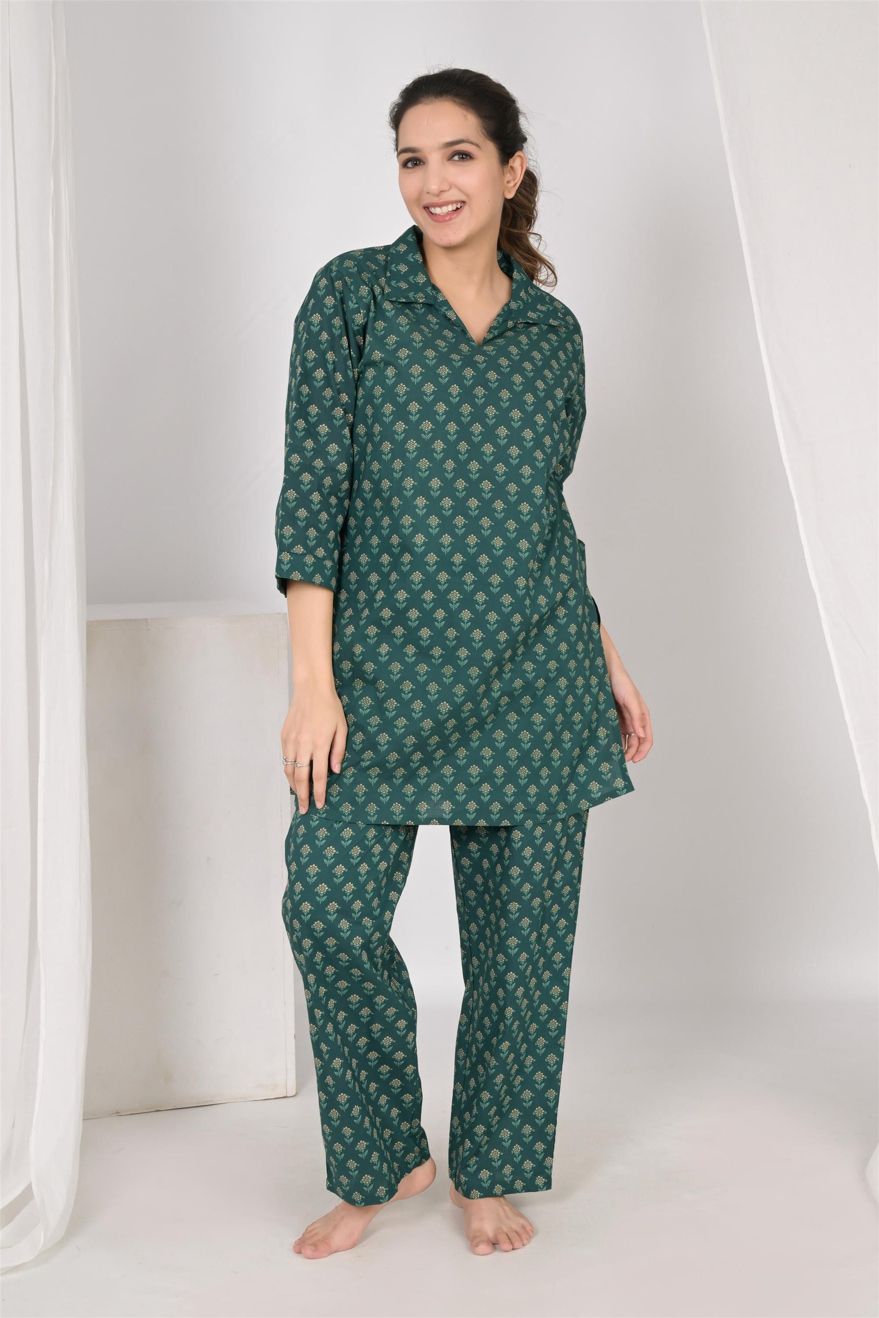 Green Printed Cotton Night Suit
