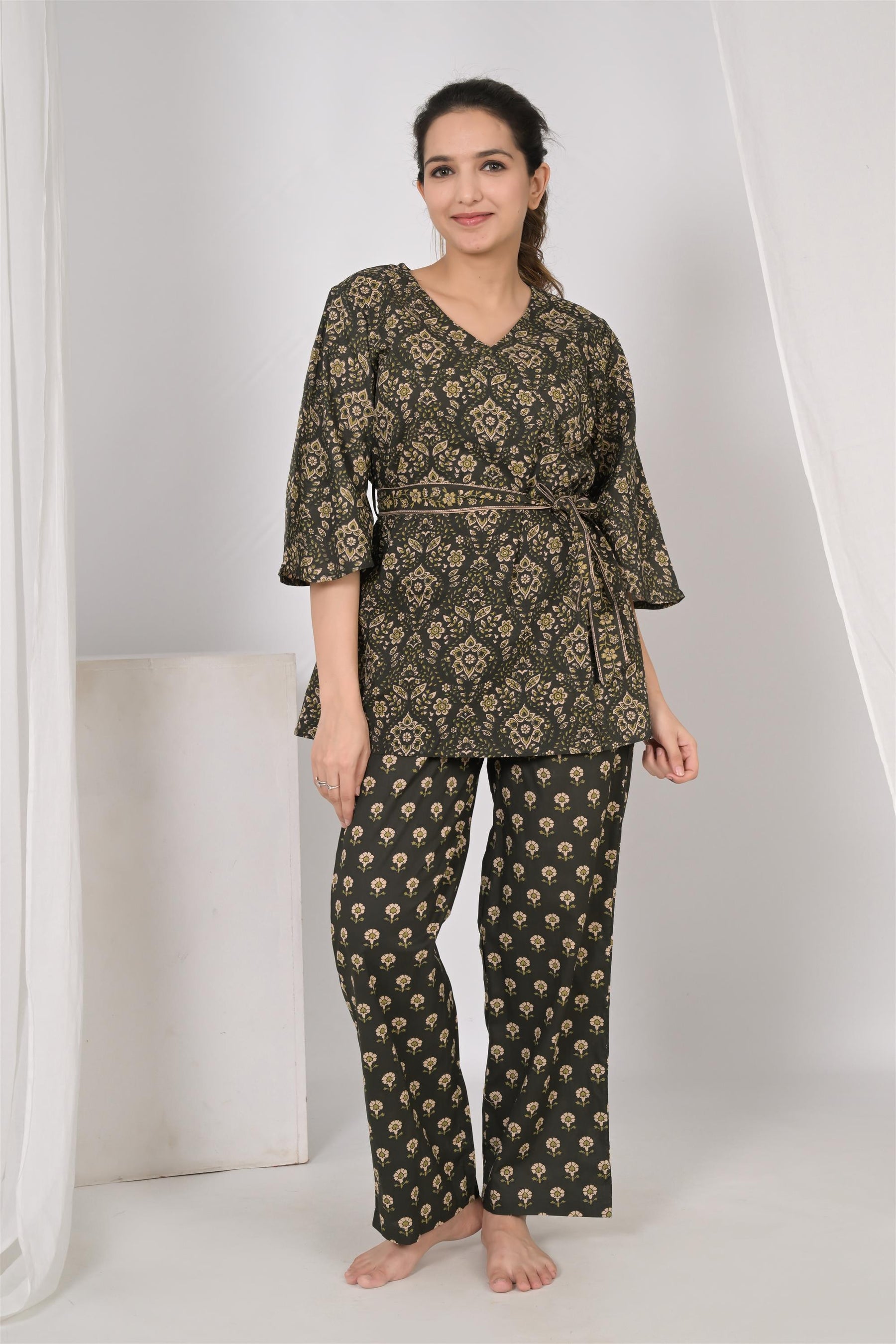 Wrap Around Green Cotton Night Suit
