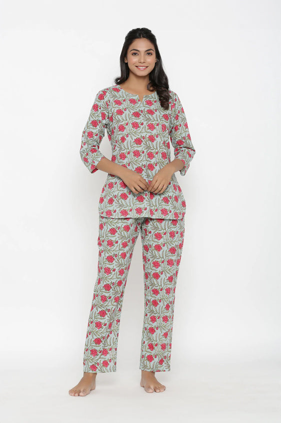 Floral Block Printed Cotton Nightsuit