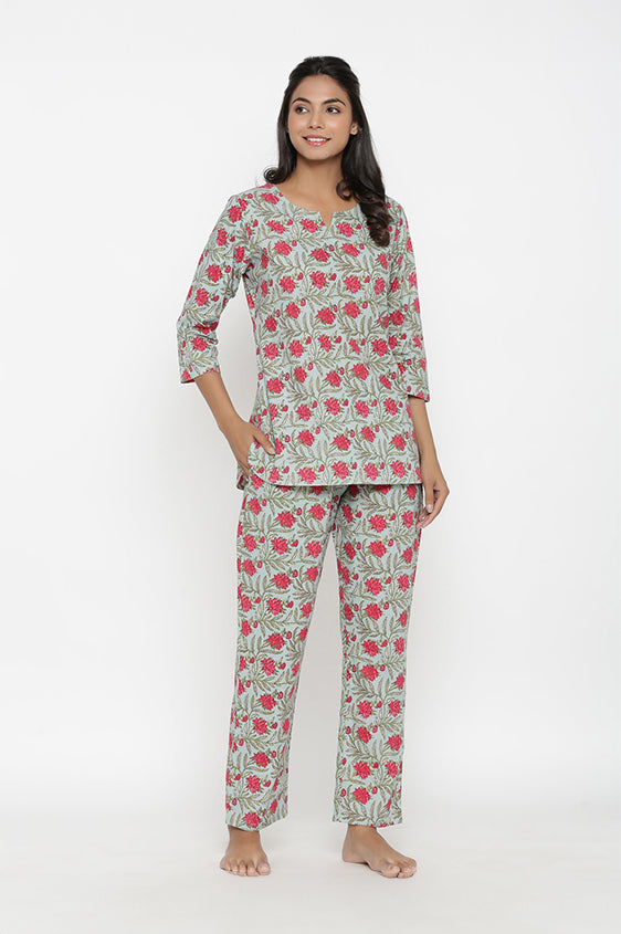 Floral Block Printed Cotton Nightsuit