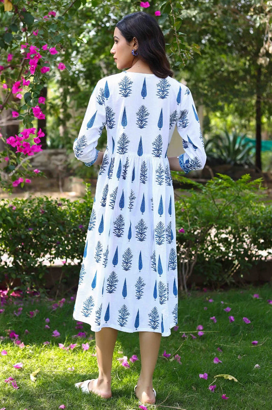 Floral Gathered Blue A-Line Dress