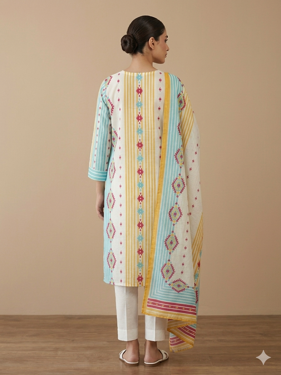 White Blue Cotton Geomteric Print Three Piece Kurta Set