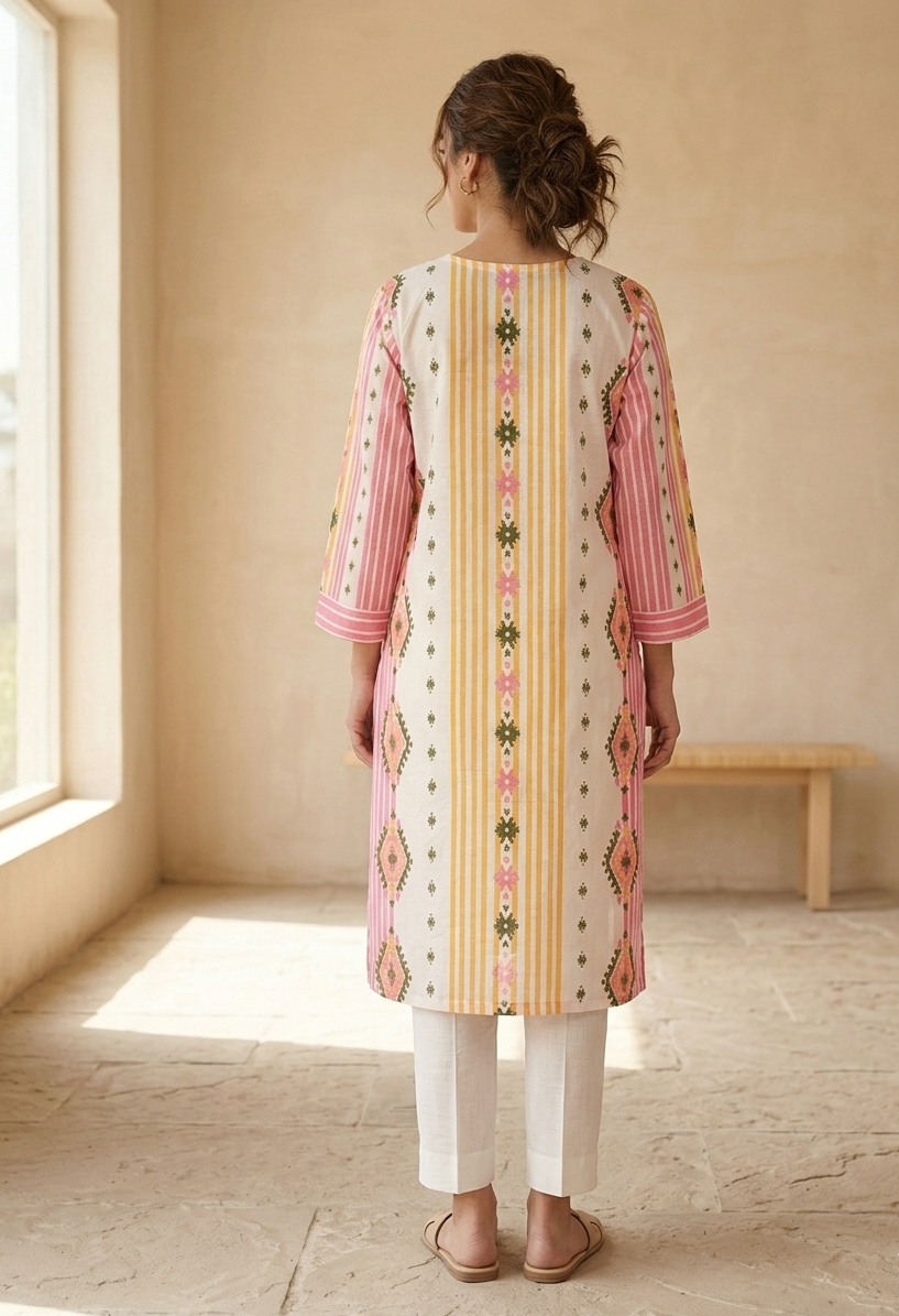 White Pink Cotton Geomteric Print Three Piece Kurta Set