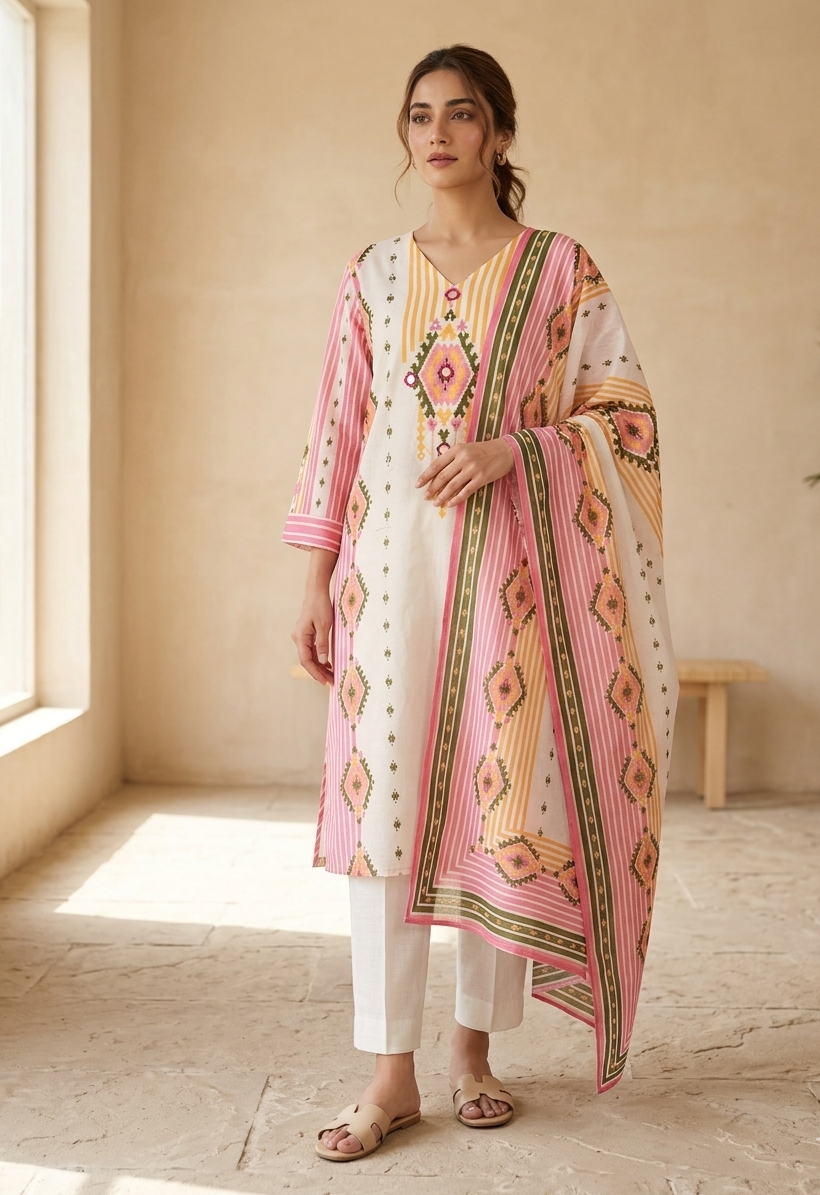White Pink Cotton Geomteric Print Three Piece Kurta Set