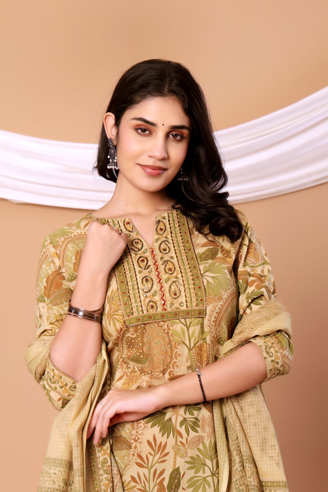 Green Floral Printed Cotton Kurta Set with Printed Dupatta