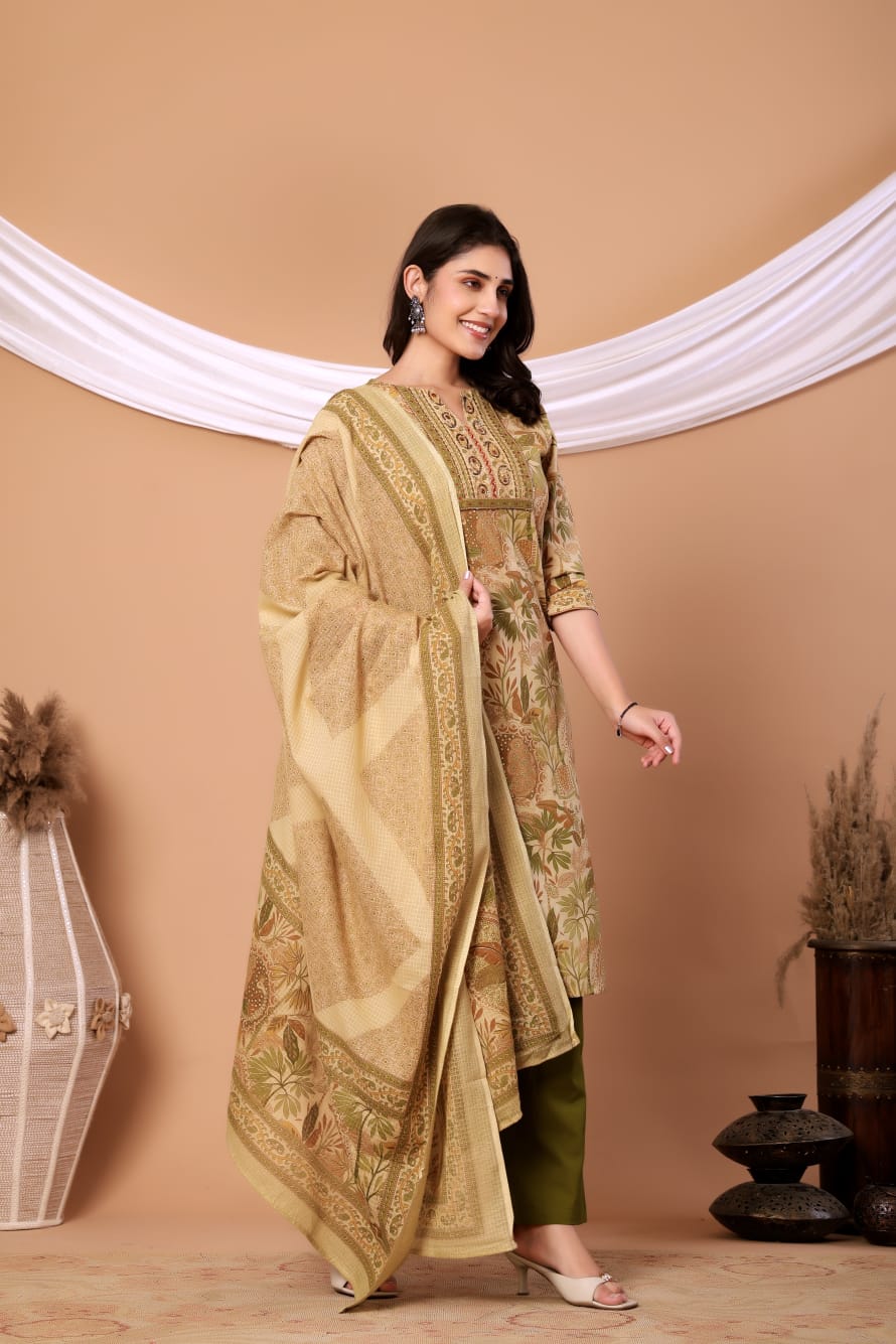 Green Floral Printed Cotton Kurta Set with Printed Dupatta