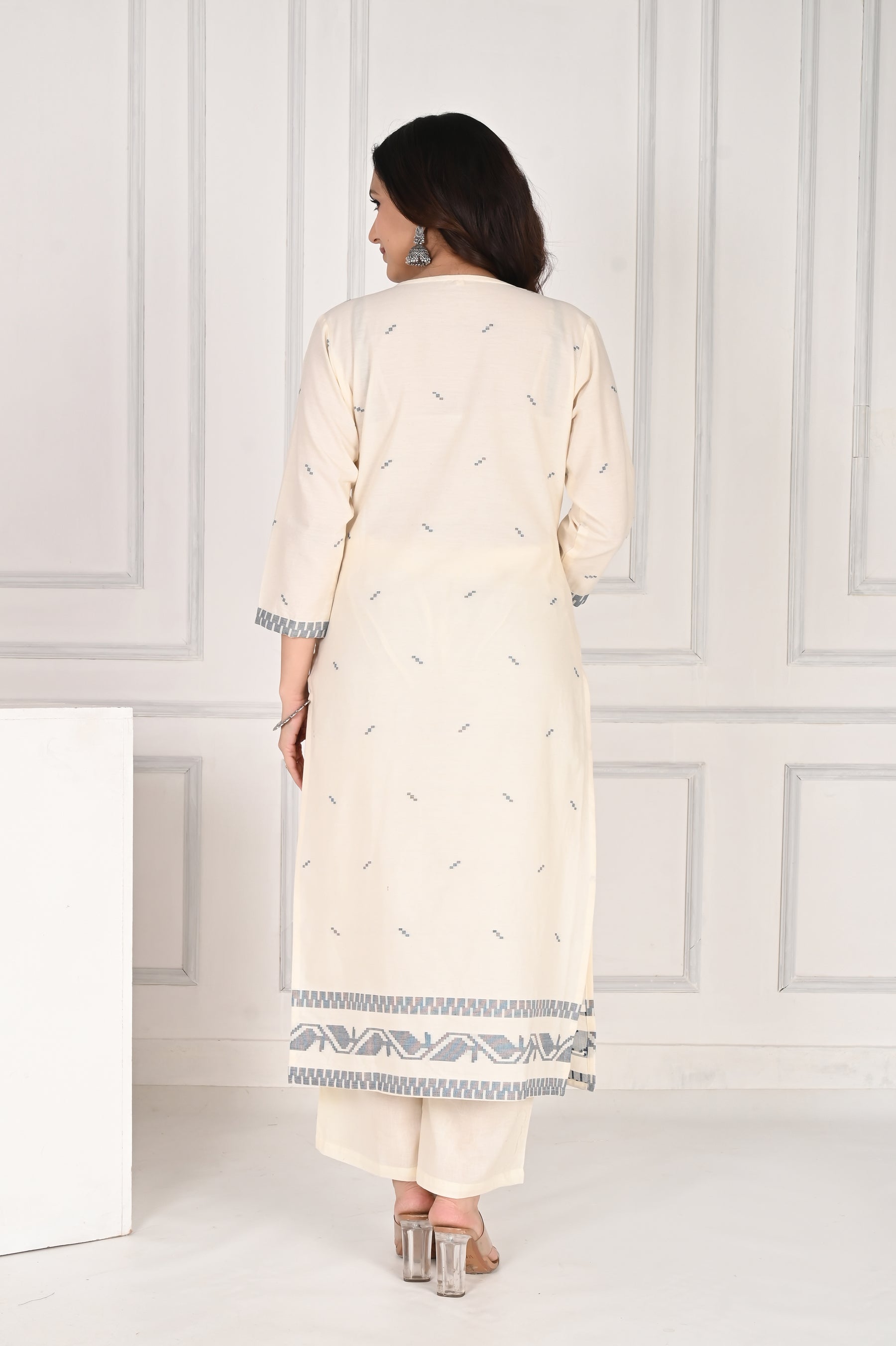 Self textured white cotton kurta set with blue dupatta