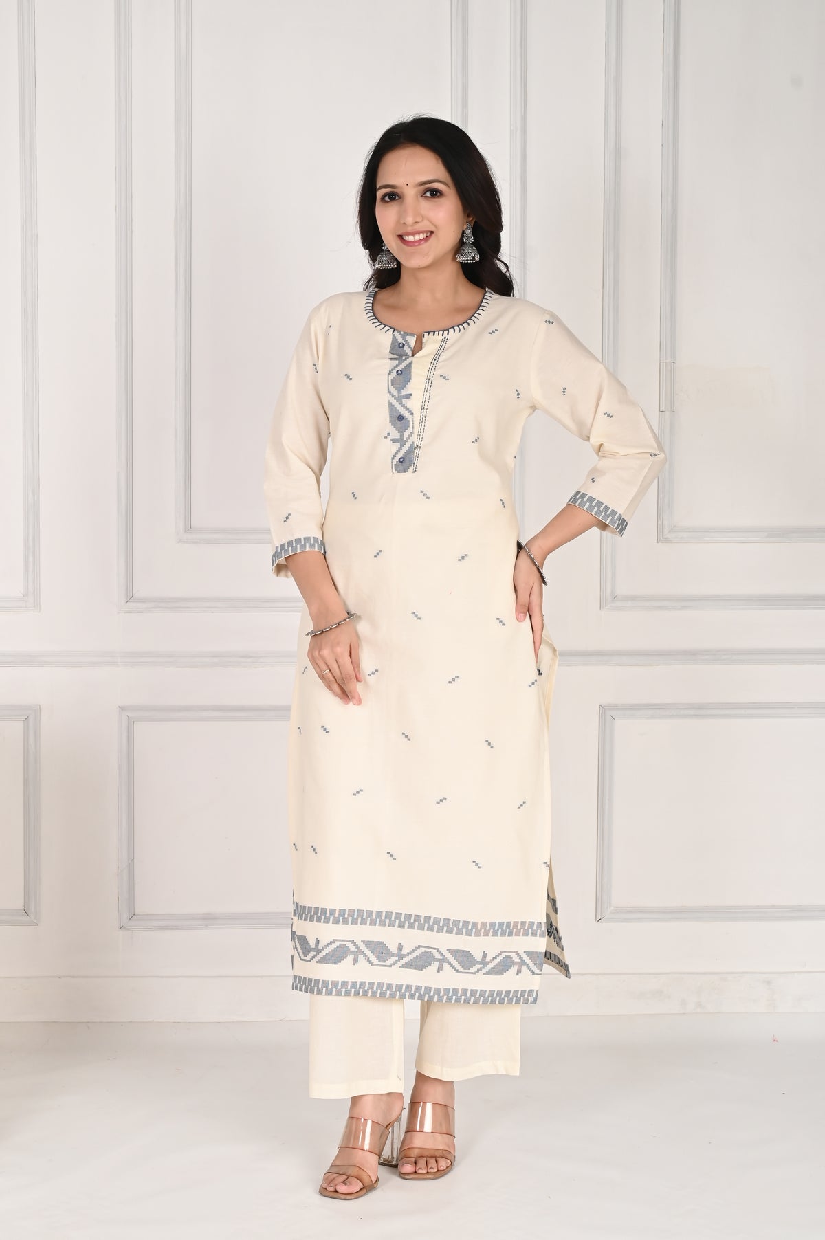 Self textured white cotton kurta set with blue dupatta
