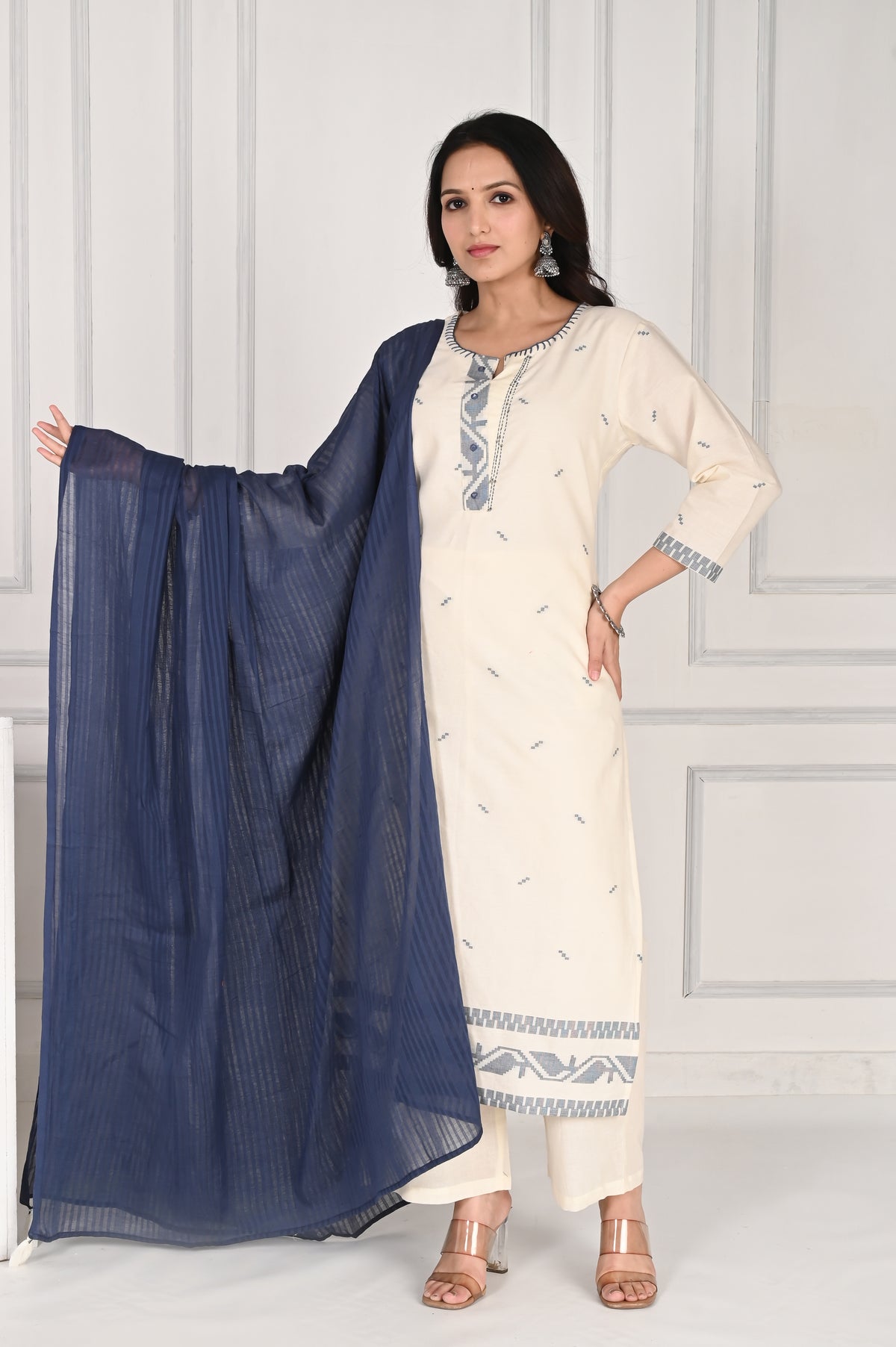 Self textured white cotton kurta set with blue dupatta