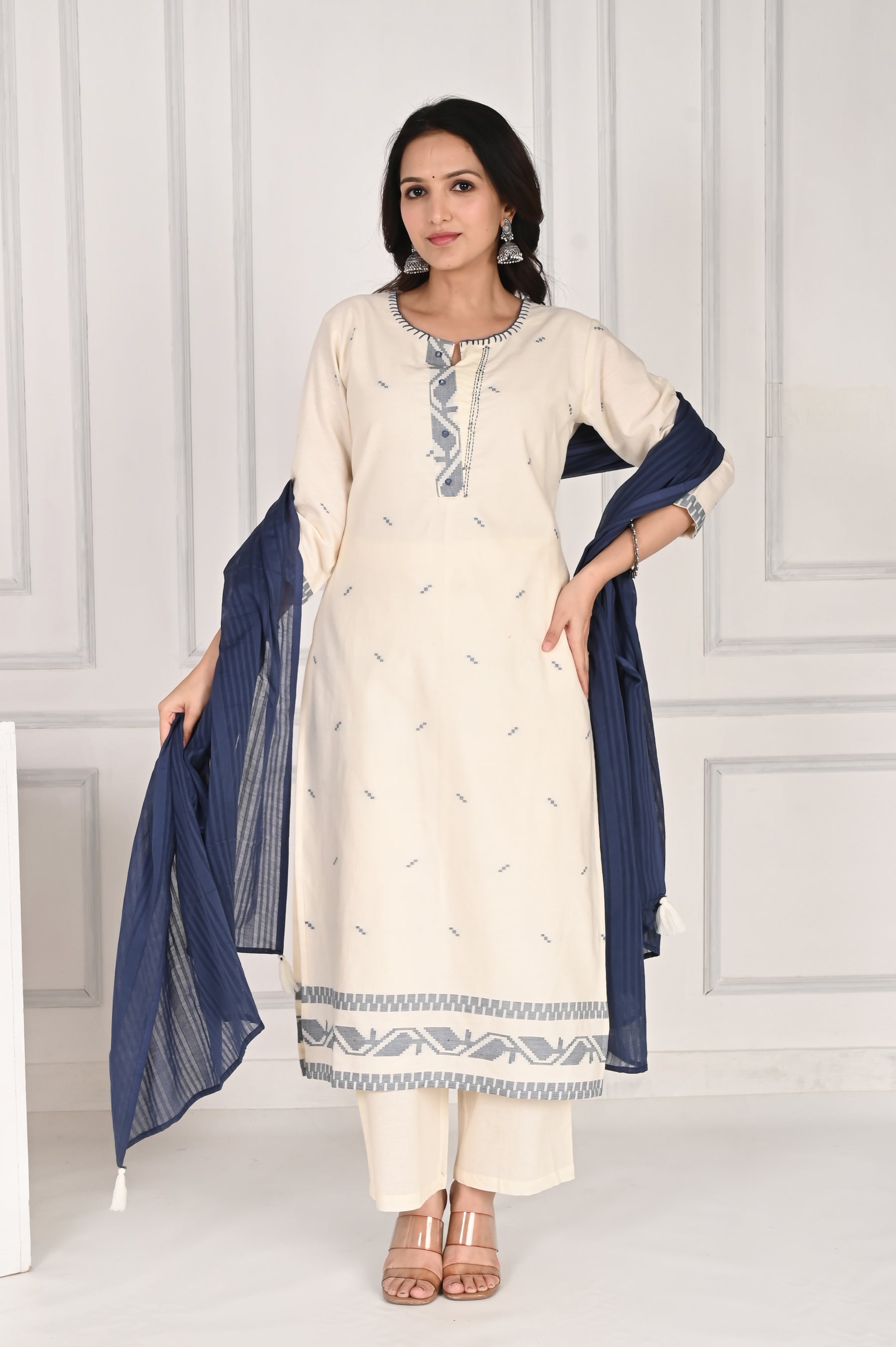 Self textured white cotton kurta set with blue dupatta