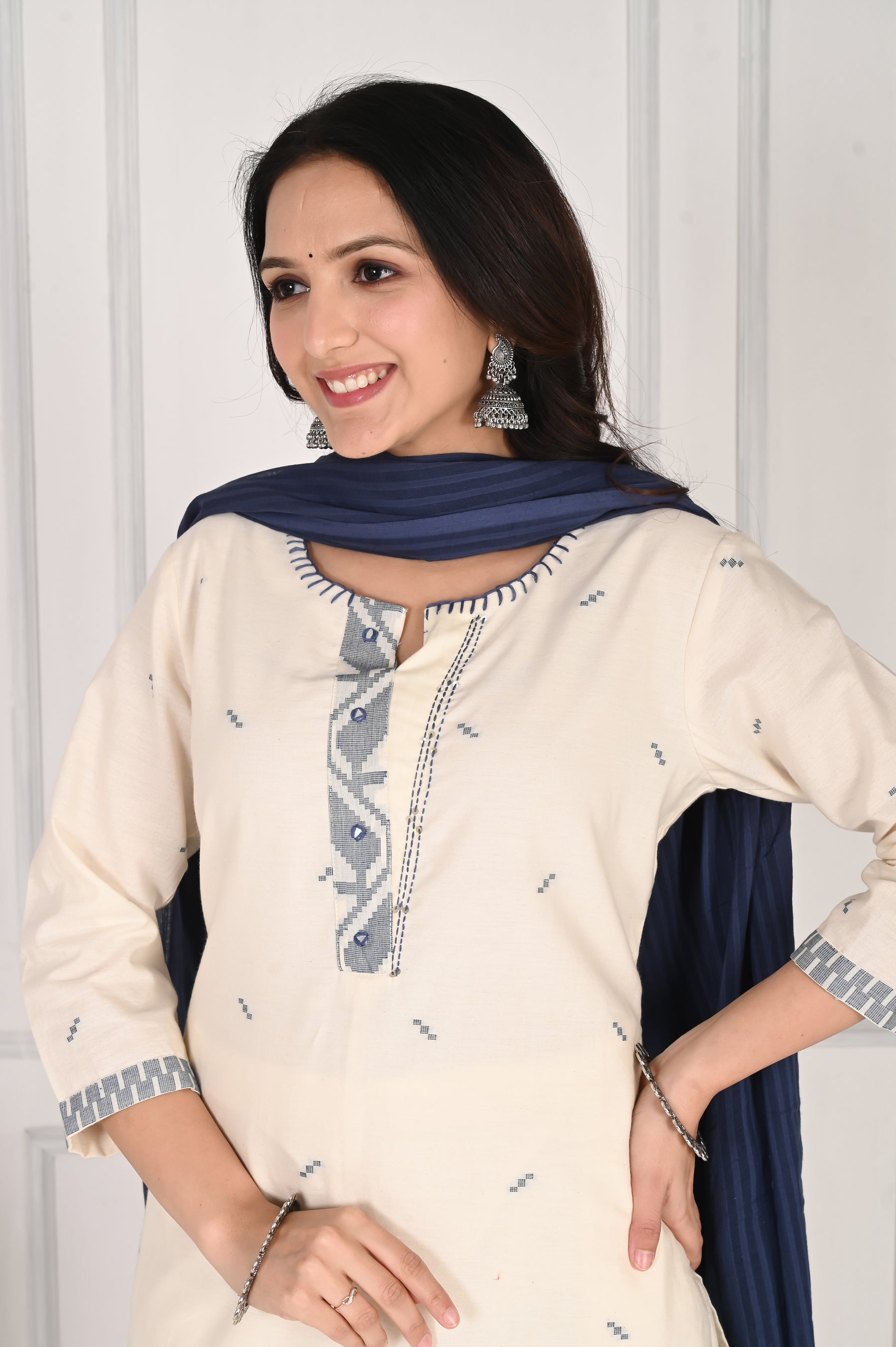 Self textured white cotton kurta set with blue dupatta