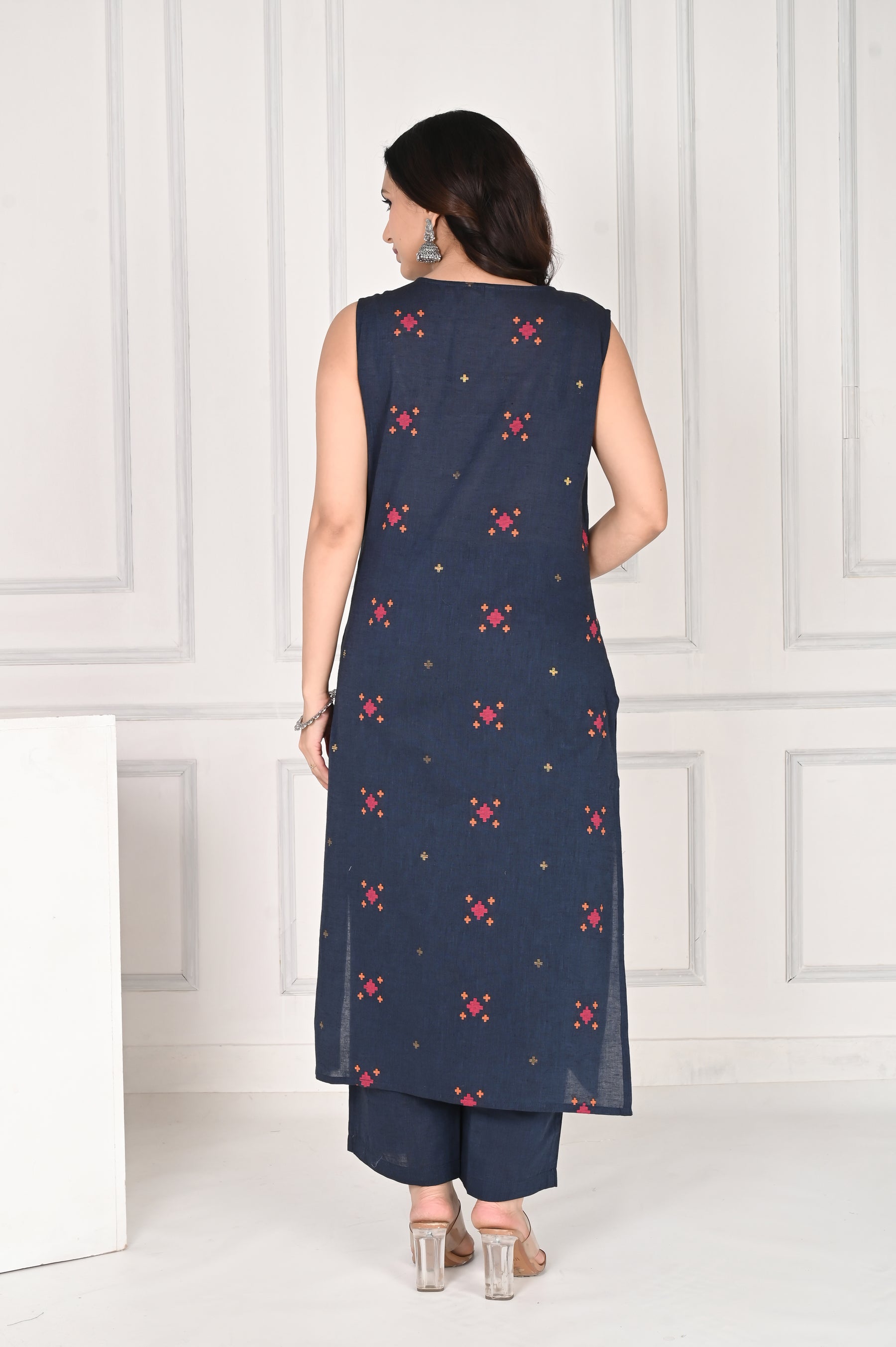 Navy blue abstract printed cotton kurta with pants