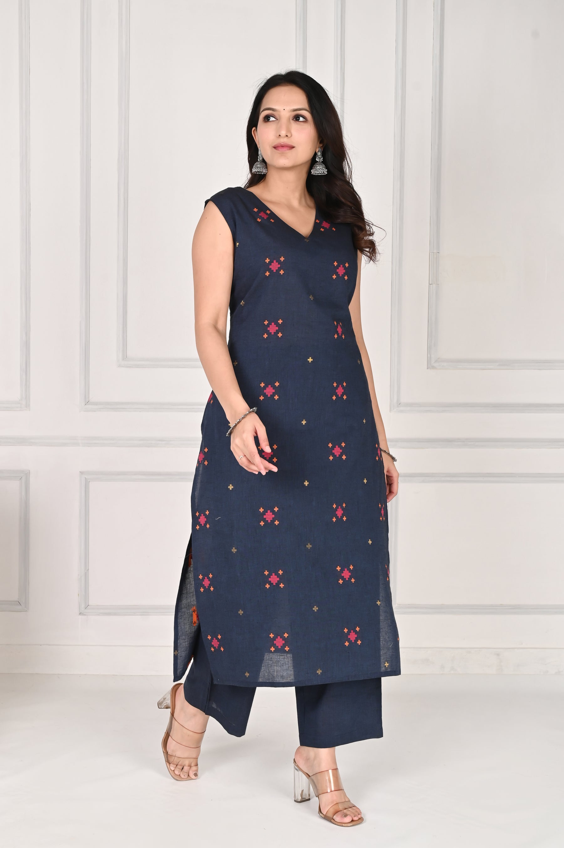Navy blue abstract printed cotton kurta with pants