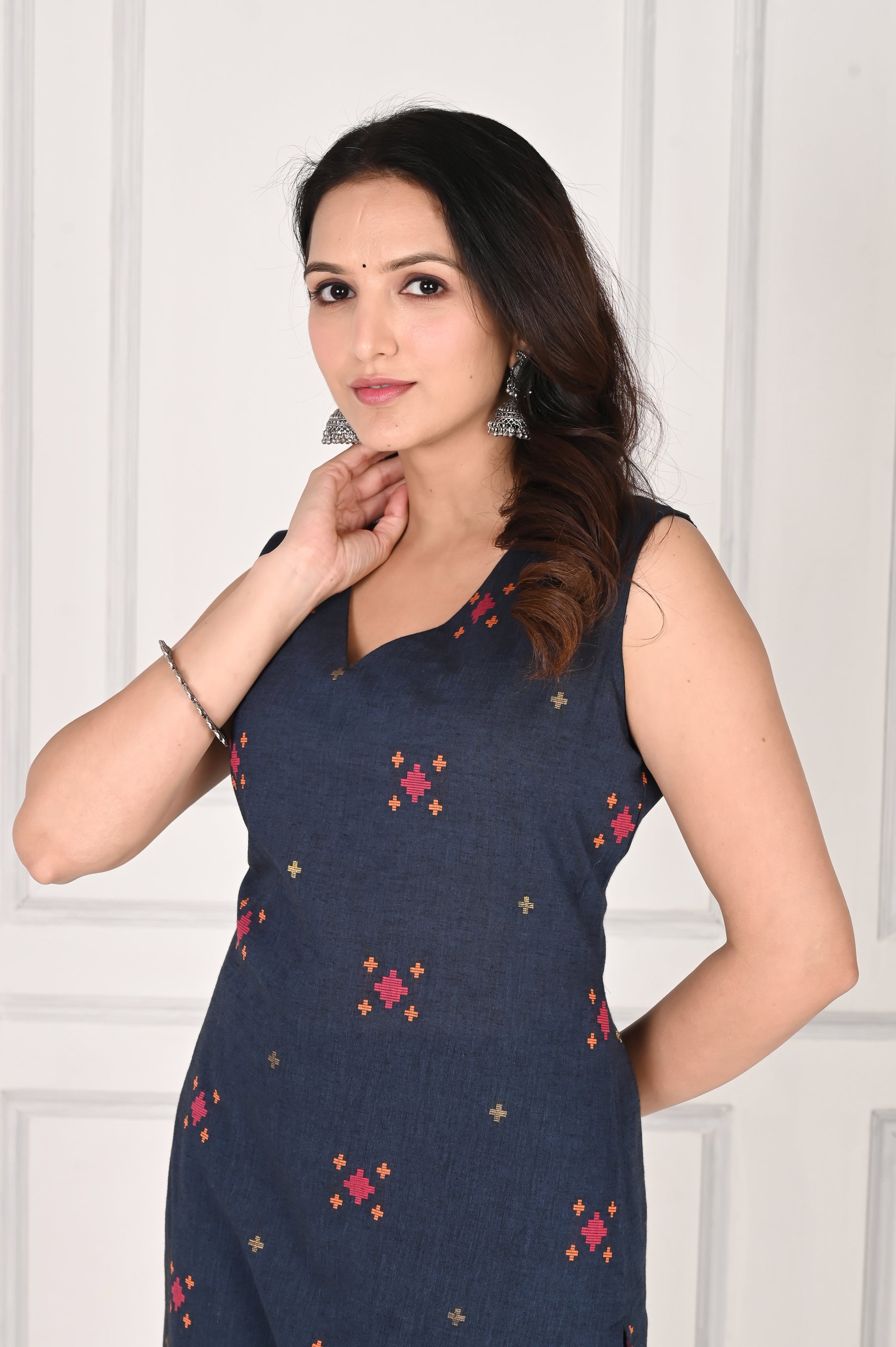 Navy blue abstract printed cotton kurta with pants