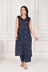 Navy blue abstract printed cotton kurta with pants