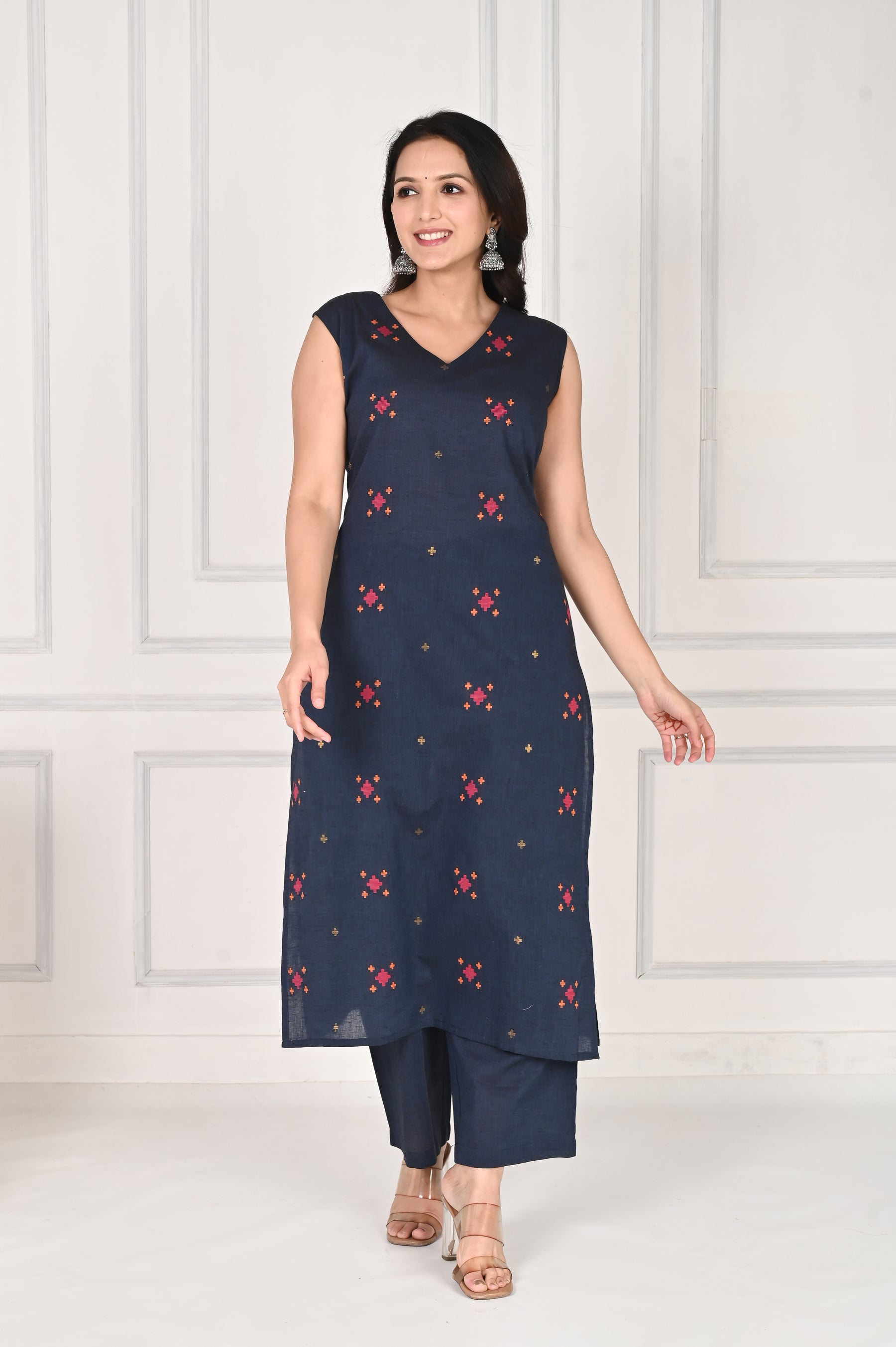 Navy blue abstract printed cotton kurta with pants