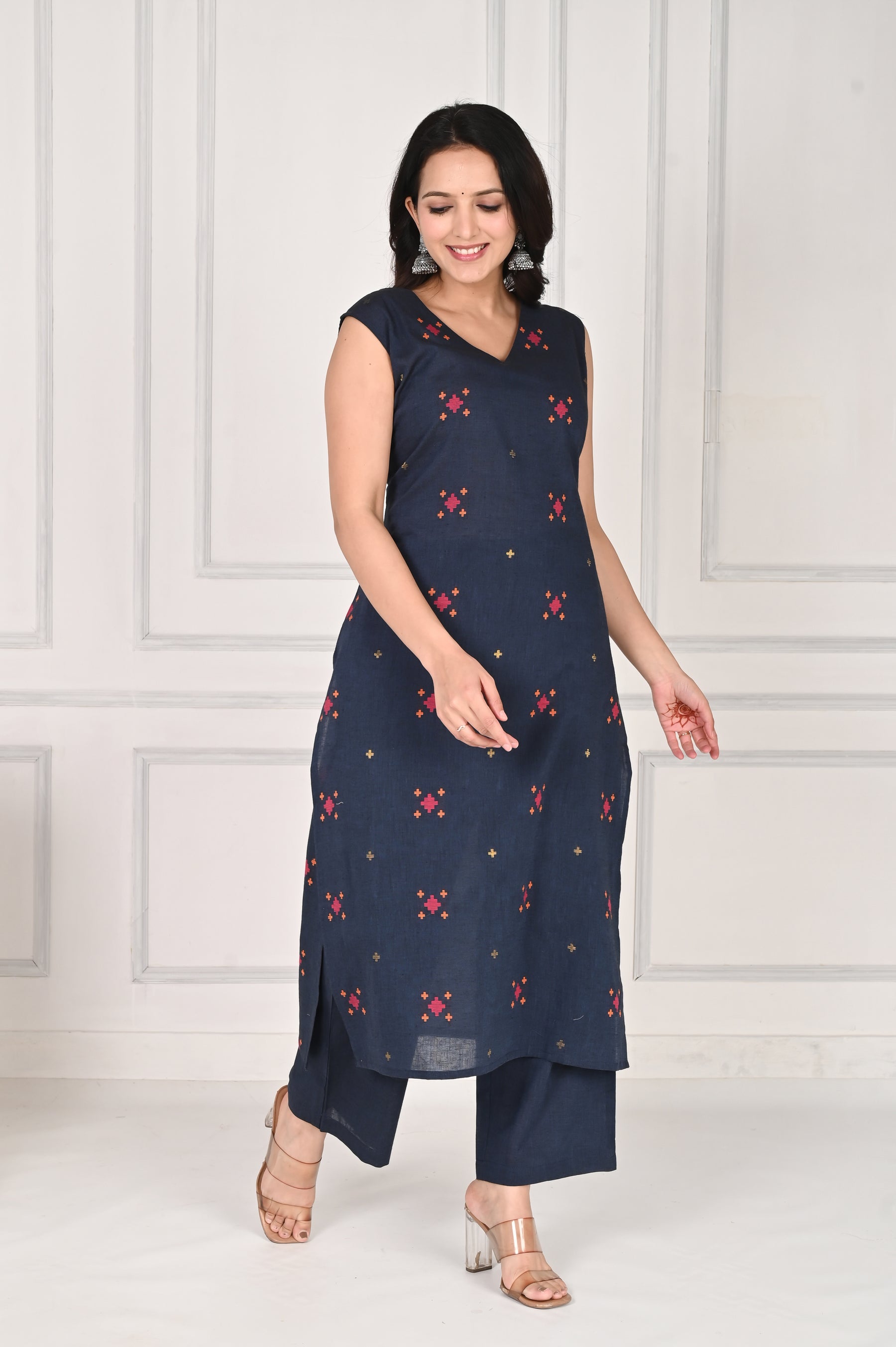Navy blue abstract printed cotton kurta with pants