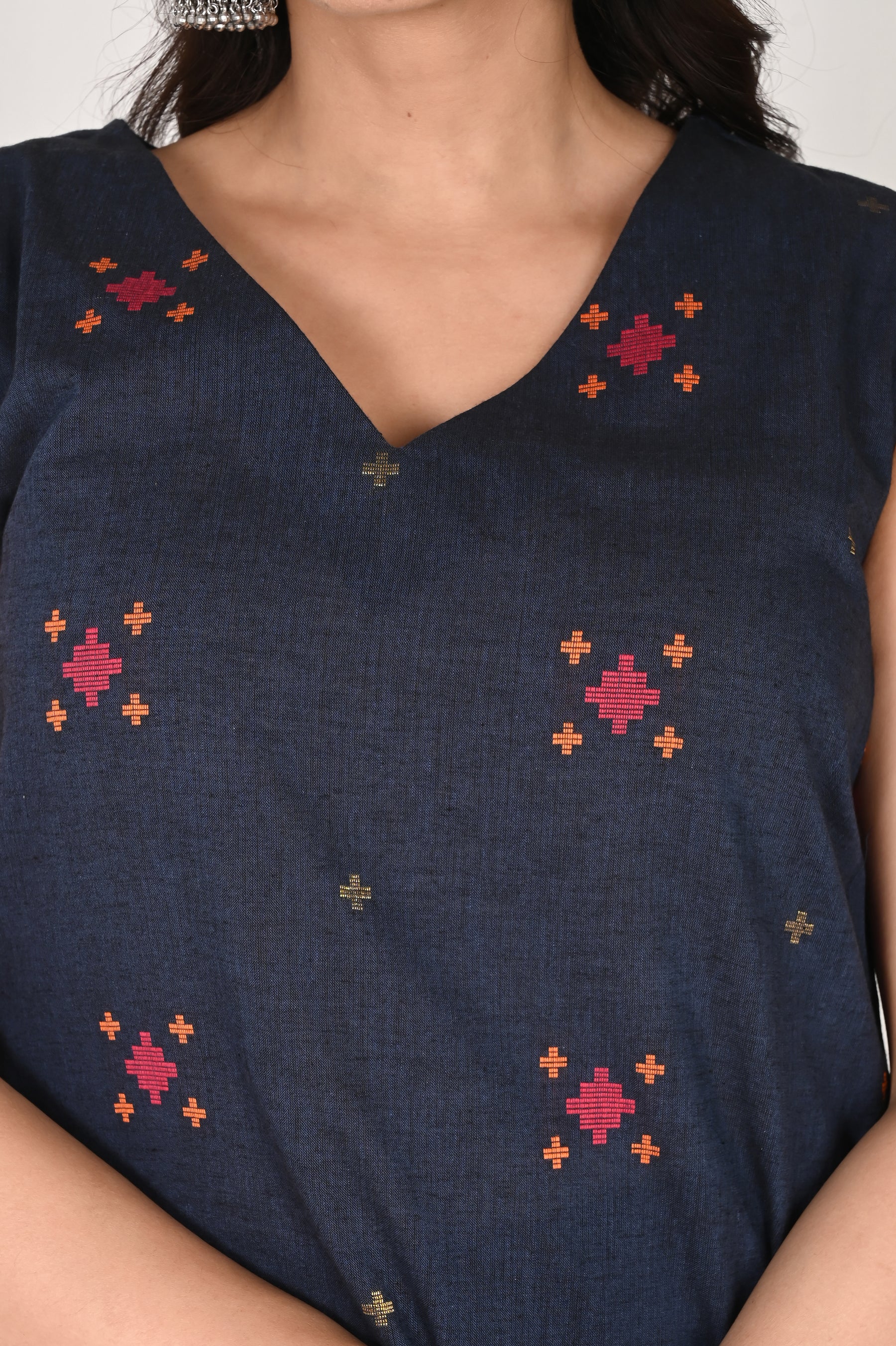 Navy blue abstract printed cotton kurta with pants