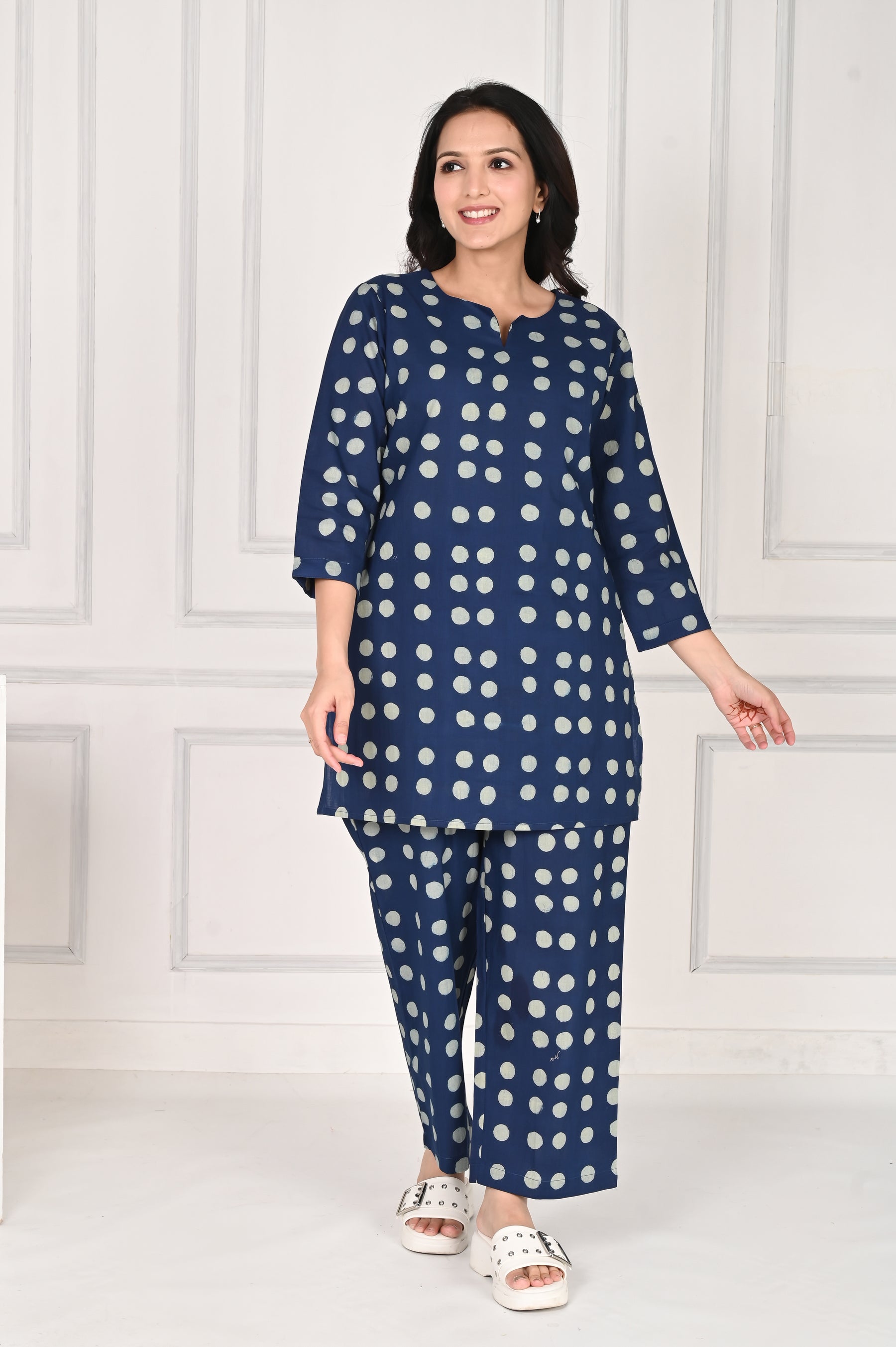 Navy blue polka dot printed cotton night suit