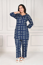 Navy blue polka dot printed cotton night suit
