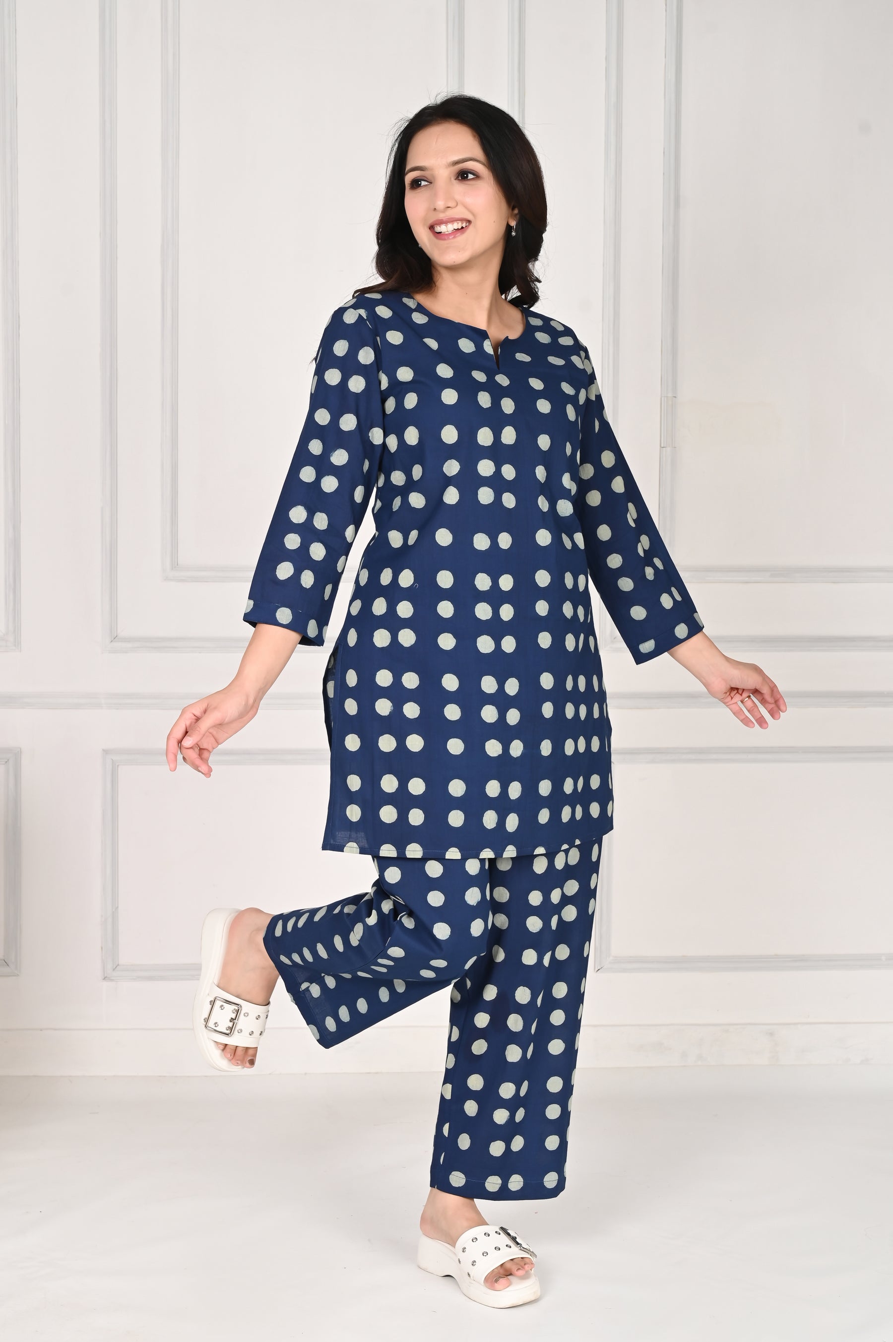 Navy blue polka dot printed cotton night suit