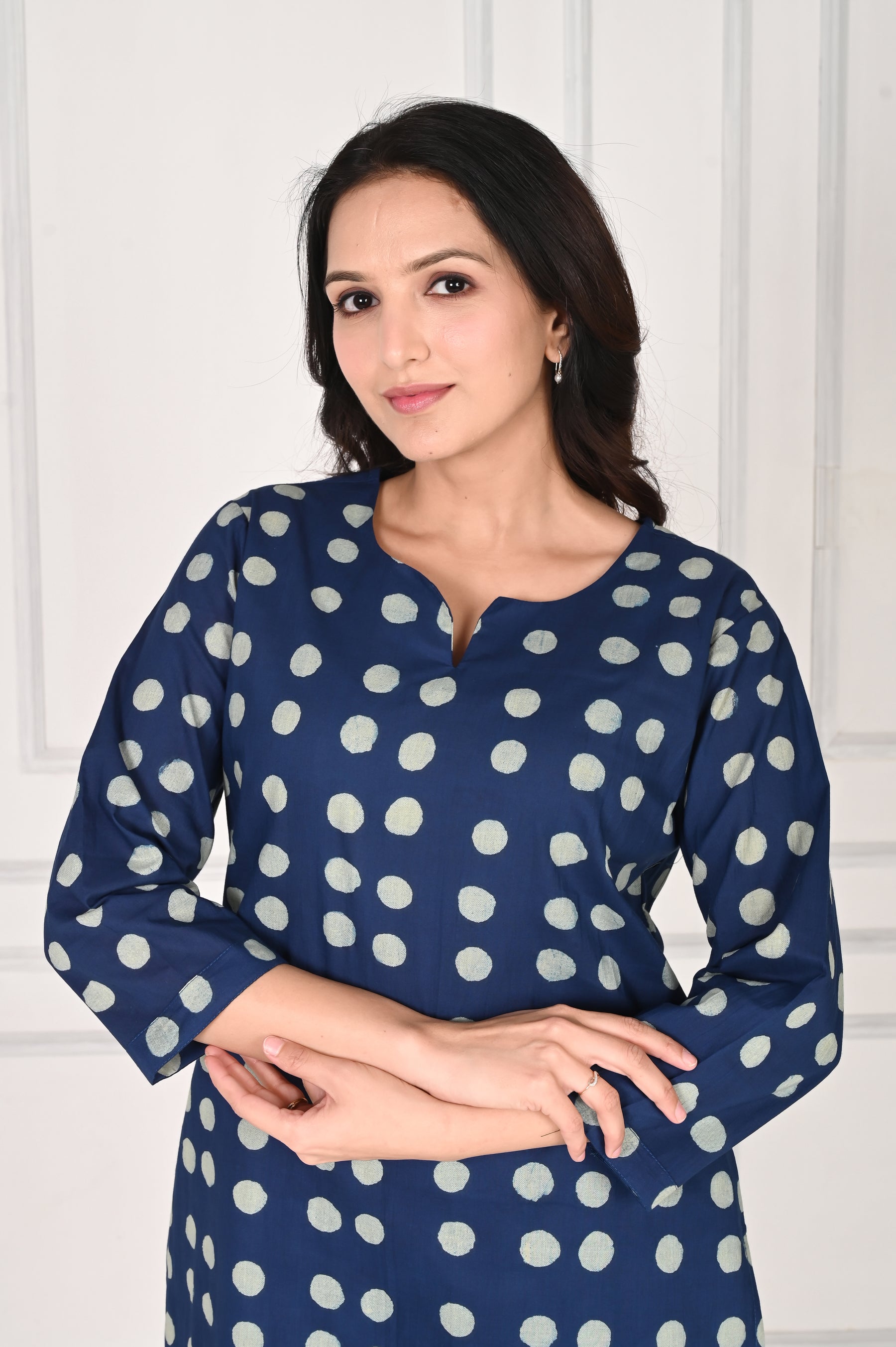 Navy blue polka dot printed cotton night suit