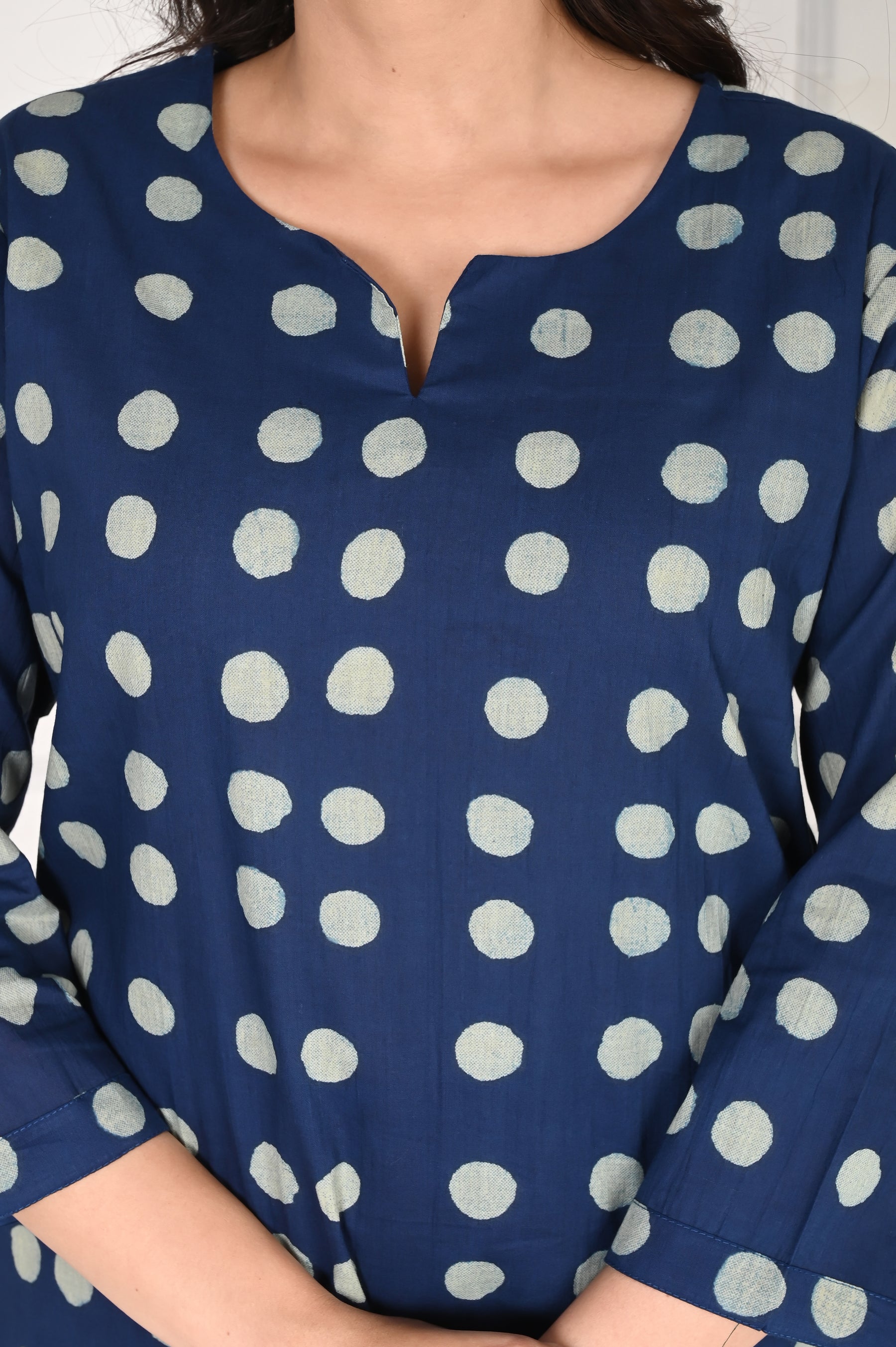 Navy blue polka dot printed cotton night suit