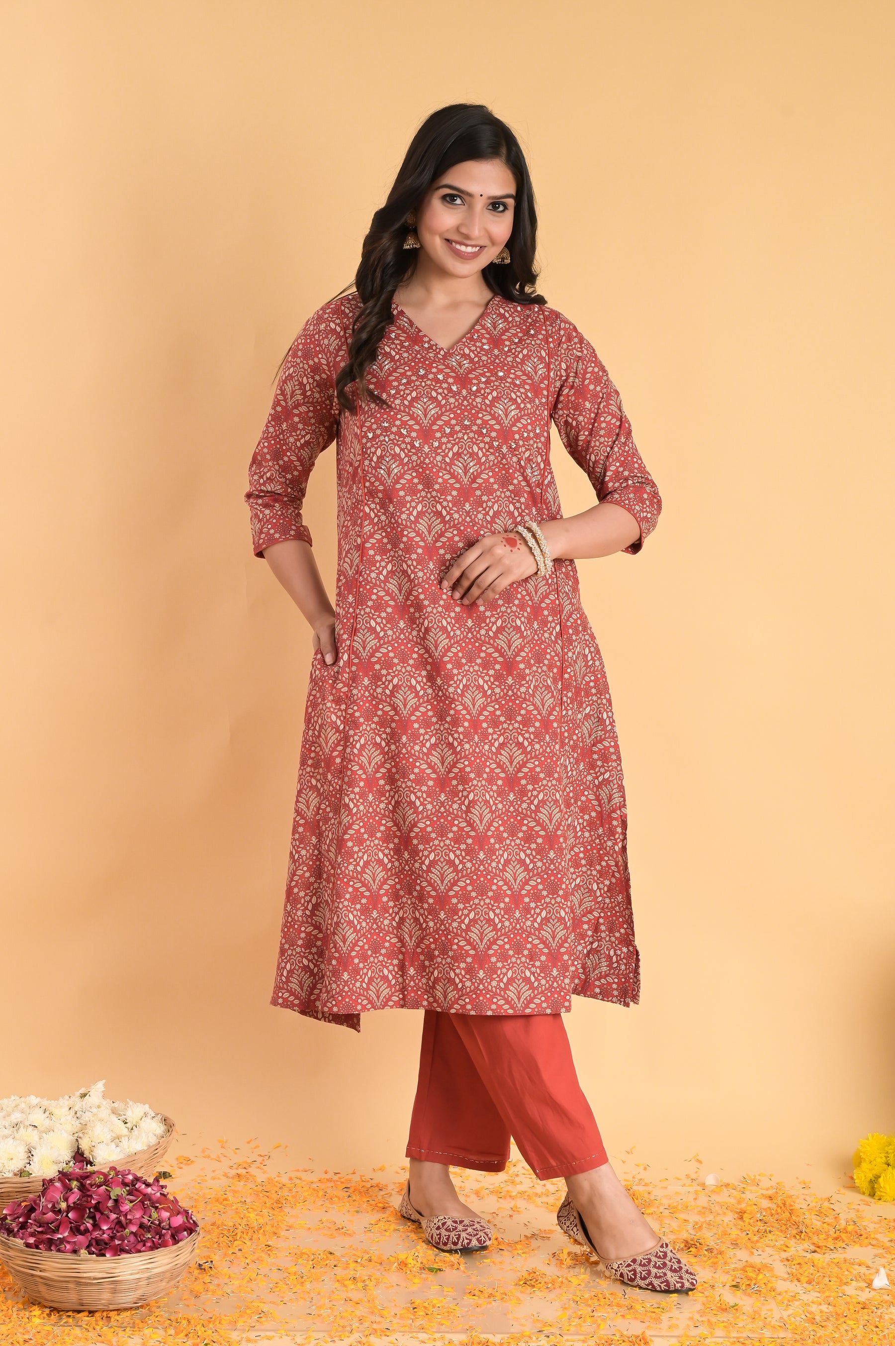 A-Line Cotton Red Kurta Set