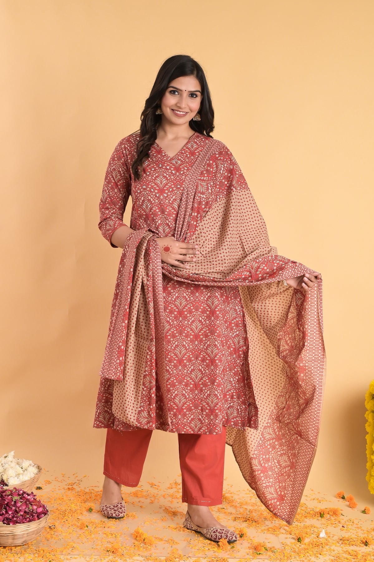 A-Line Cotton Red Kurta Set