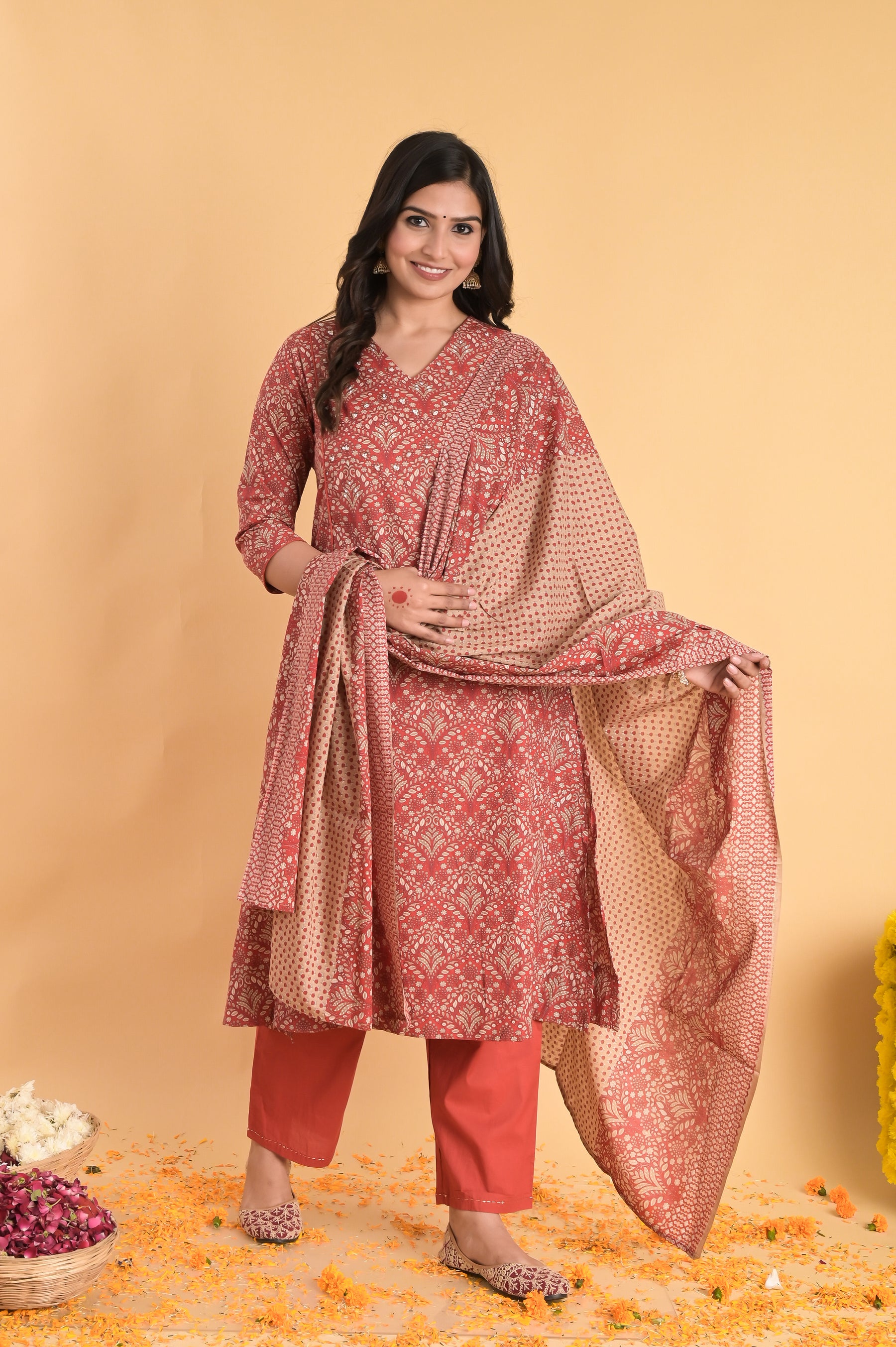 A-Line Cotton Red Kurta Set